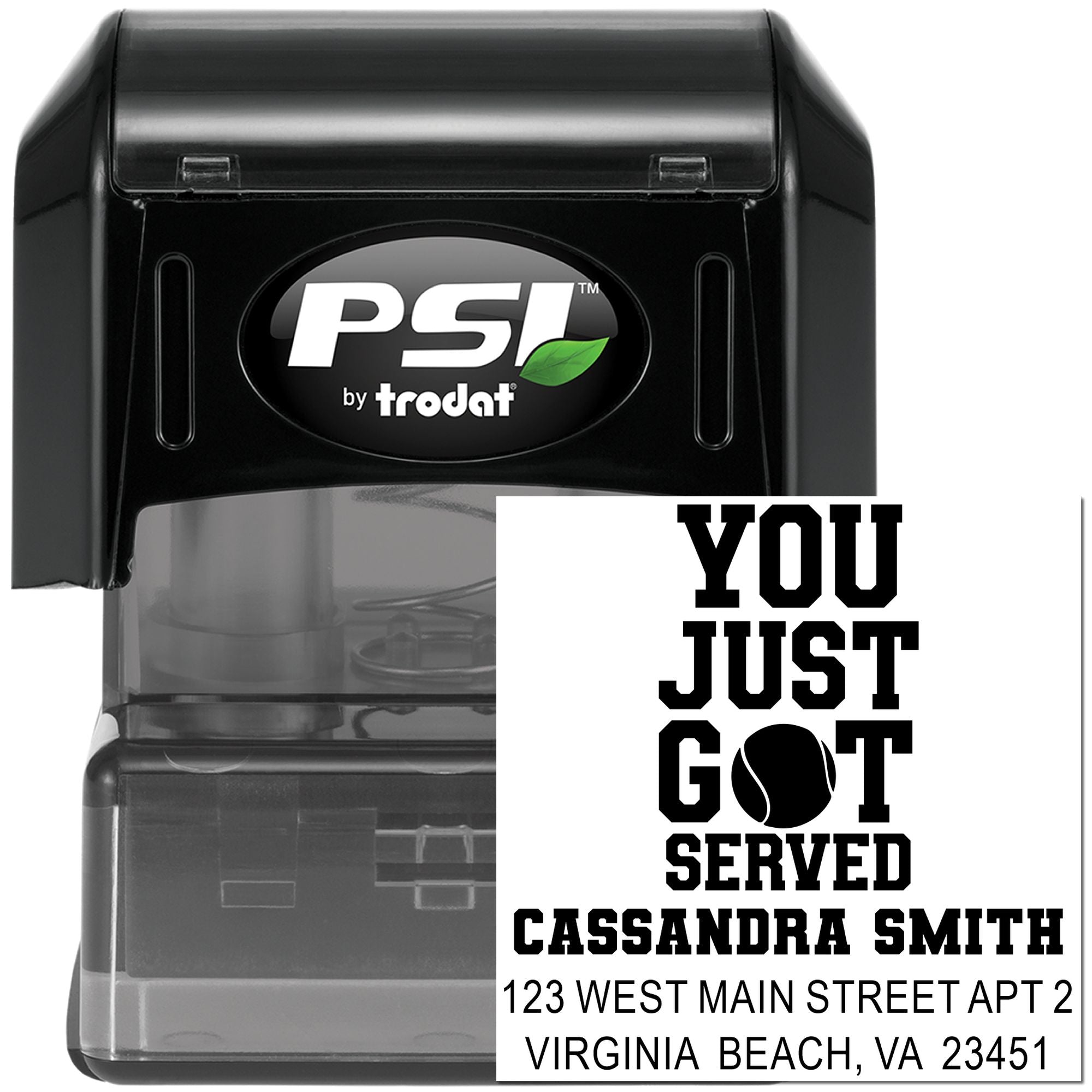 Custom self-inking rubber stamp with You Just Got Served design, name, and Virginia Beach address for mail and legal notices.