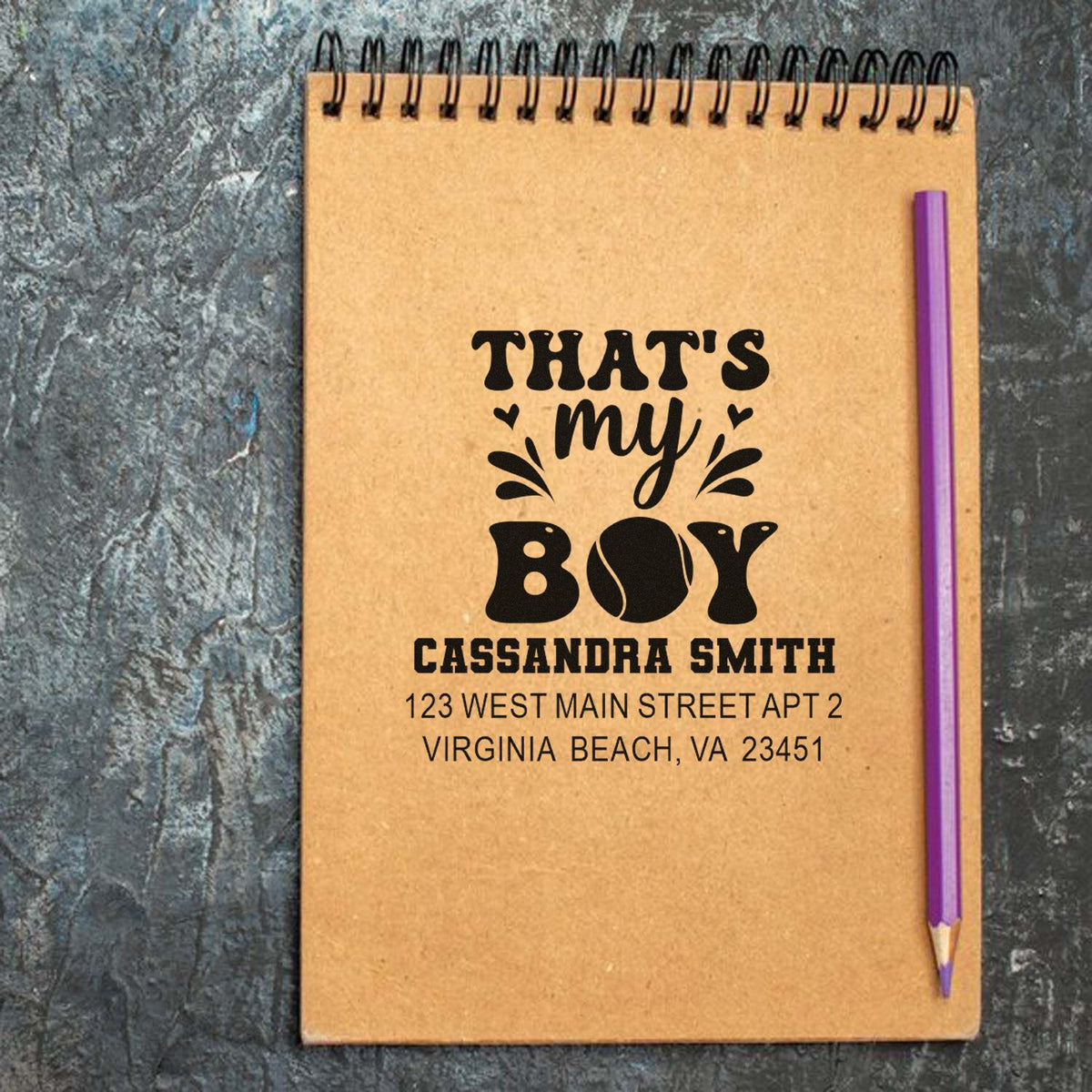 Custom rubber stamp with Thats My Boy baseball design and return address for personalized stationery and sports gifts