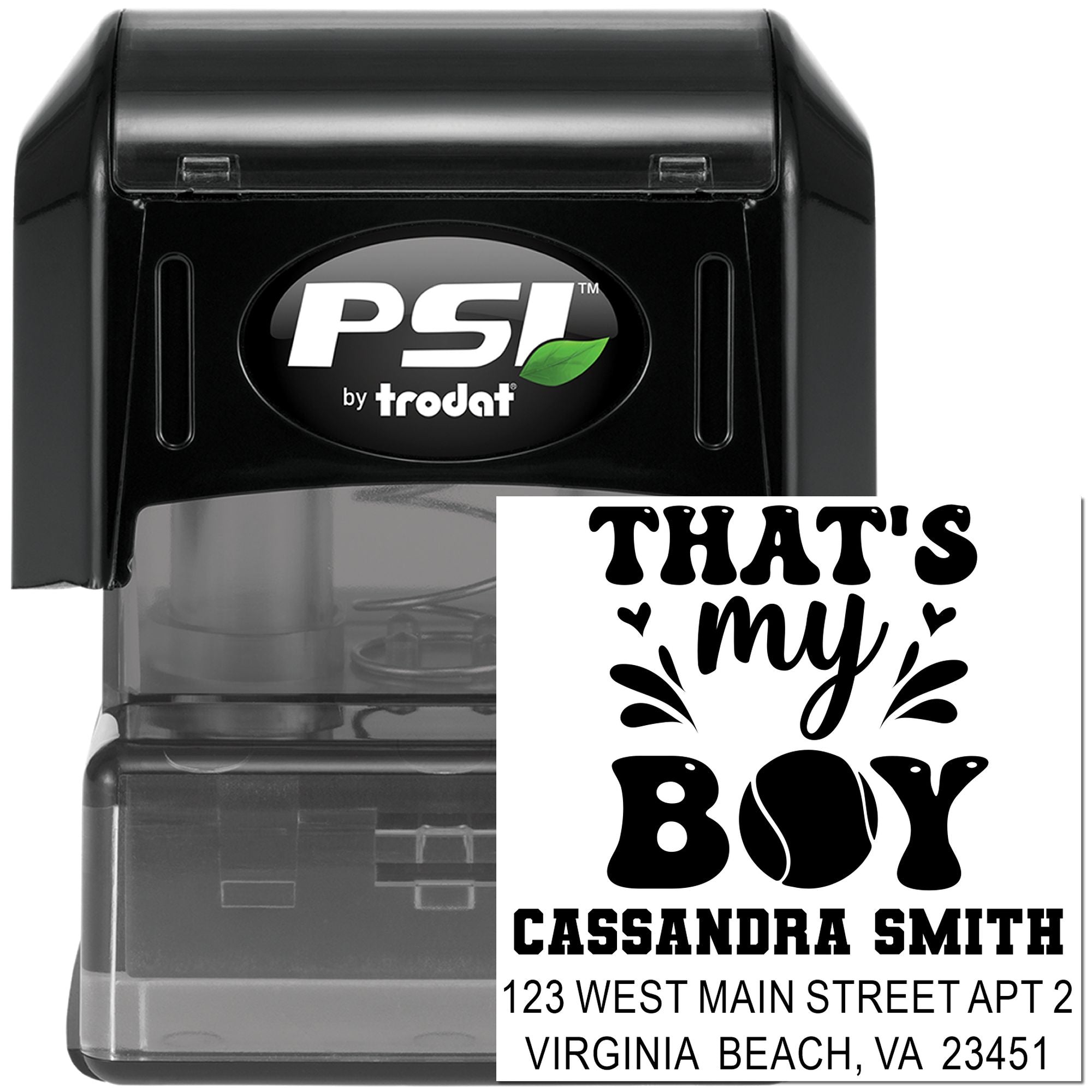 Custom self-inking rubber stamp by PSI Trodat with Thats My Boy design, name, and address for personalized mailing.
