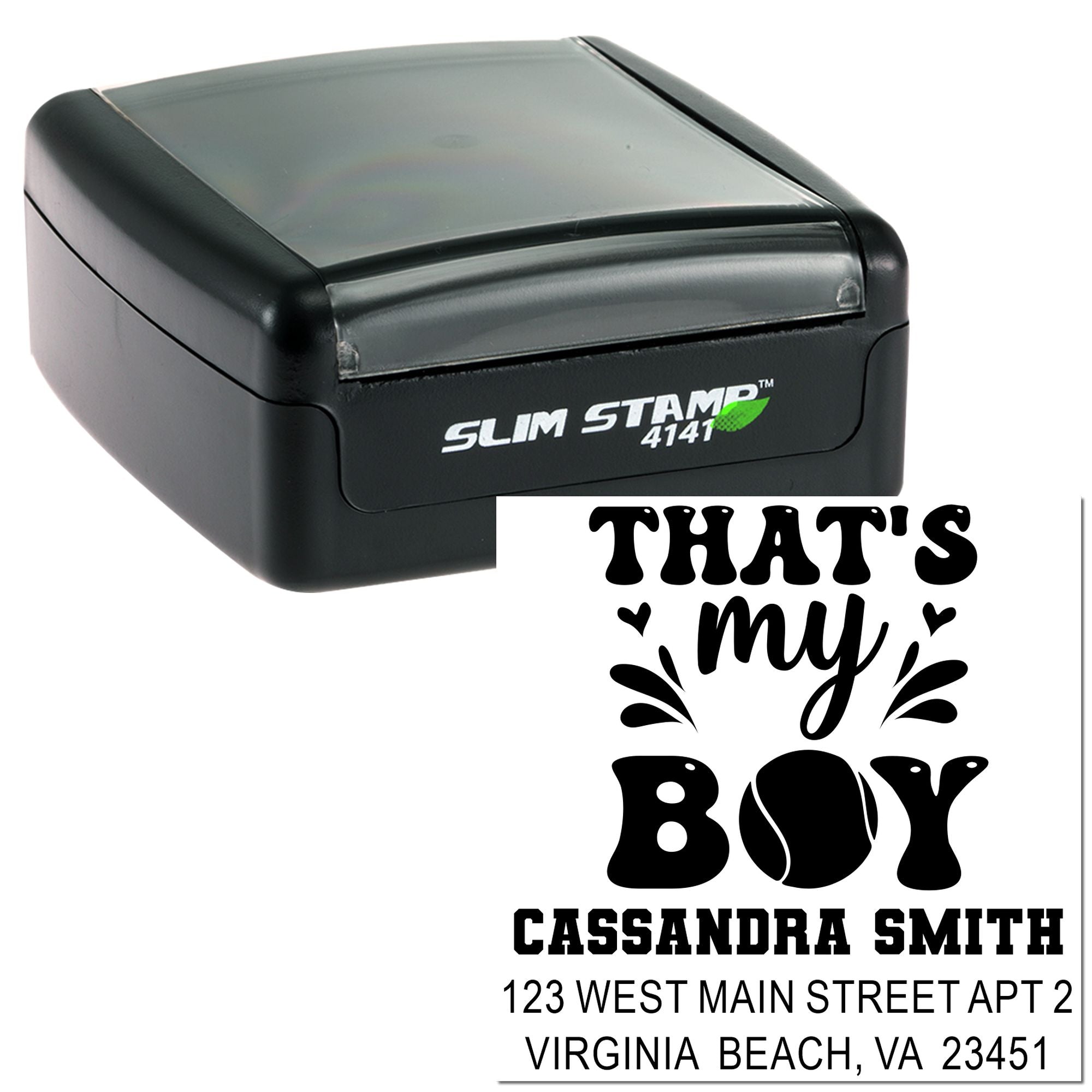 Slim Stamp custom address rubber stamp with Thats My Boy design and Virginia Beach return address.