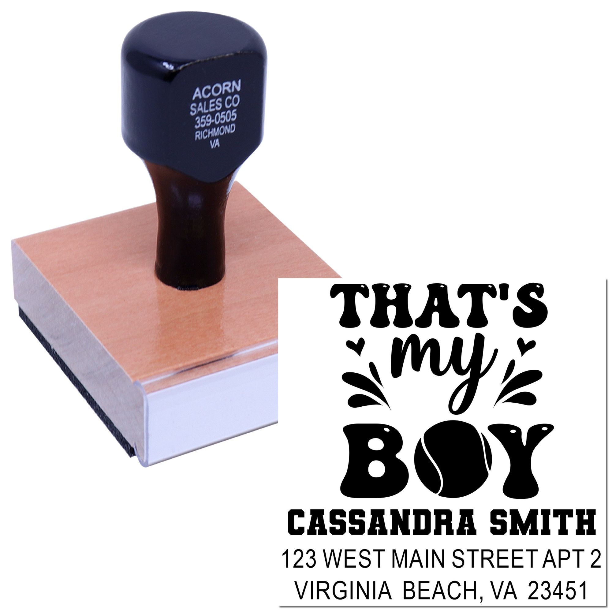 Personalized rubber stamp with return address and Thats My Boy baby shower design for custom invitations
