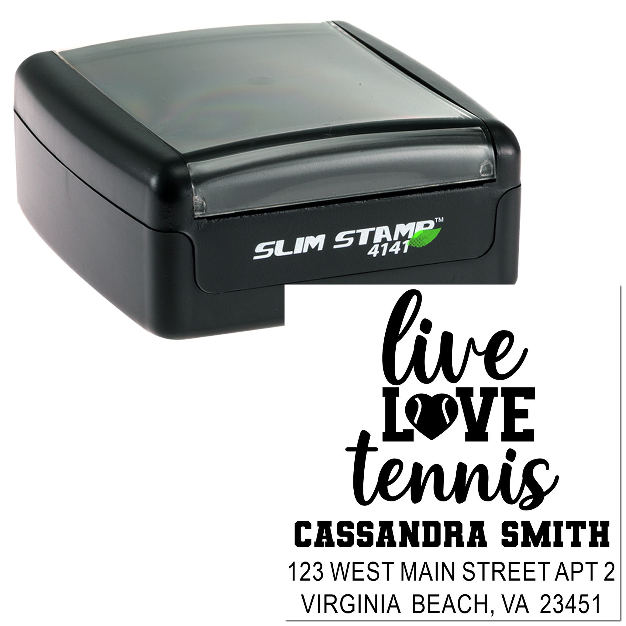 Slim Stamp 4141 custom self-inking rubber address stamp featuring live love tennis and return address.