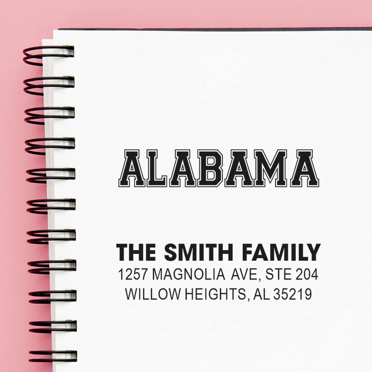 Custom Alabama return address rubber stamp for The Smith Family with personalized name and mailing address.