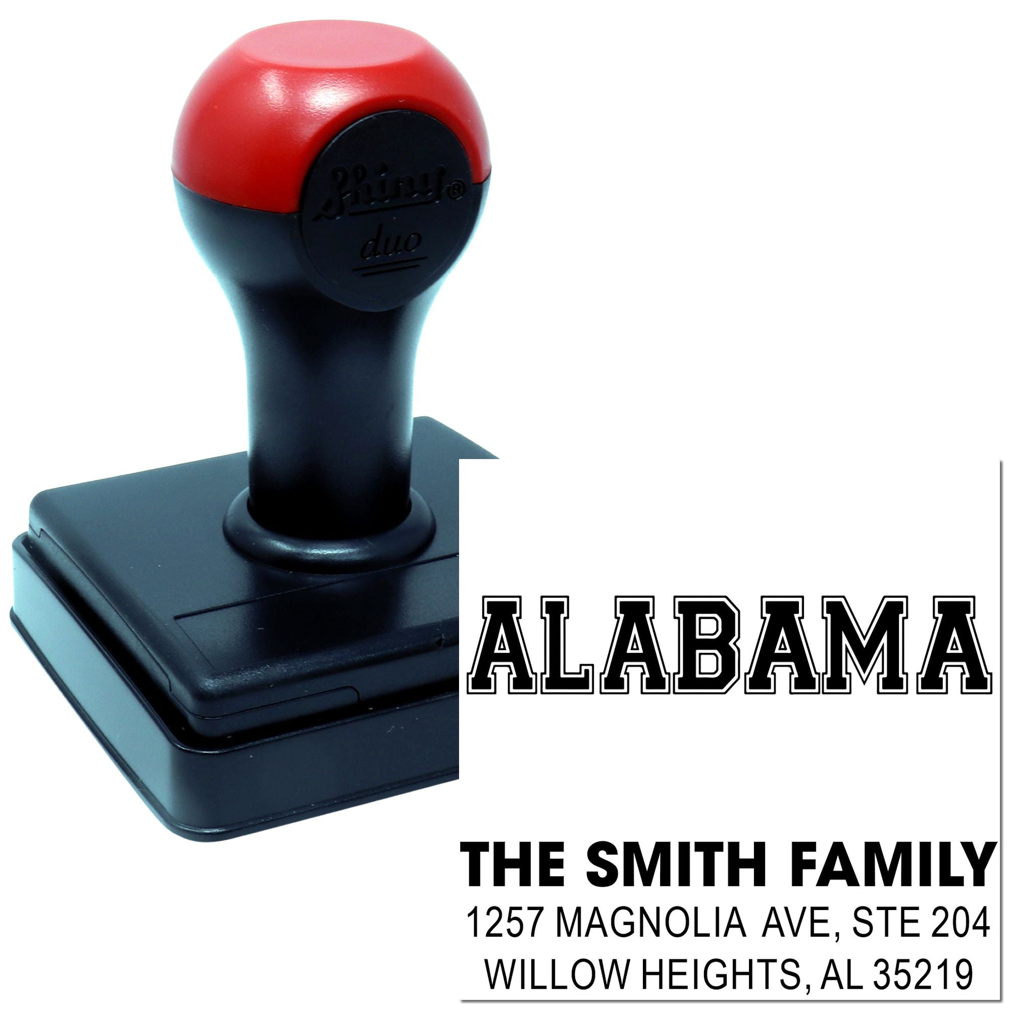 Custom self-inking rubber address stamp with Alabama return address for The Smith Family in Willow Heights, AL 35219