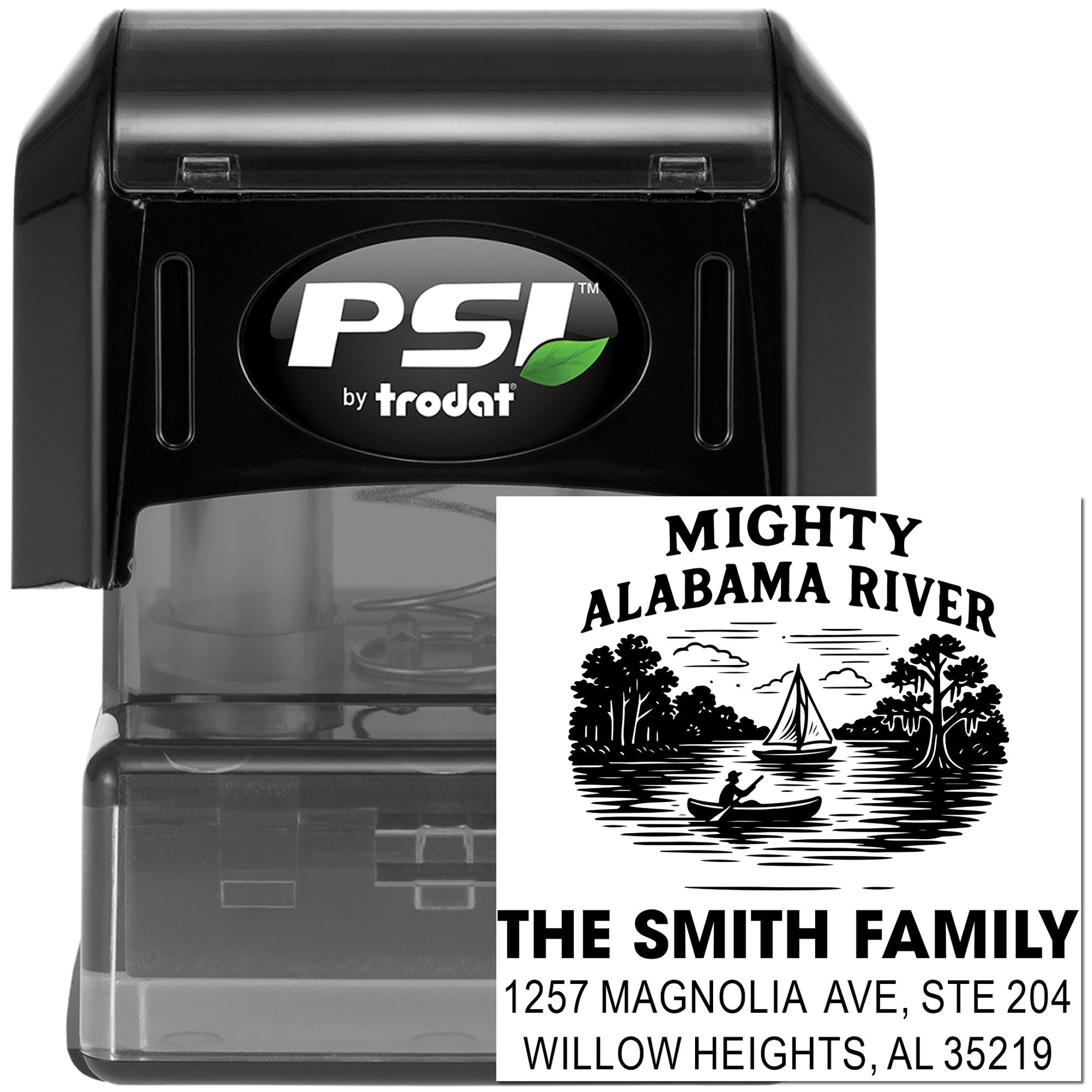 Custom self-inking rubber address stamp with Mighty Alabama River design for The Smith Family, Willow Heights, AL.
