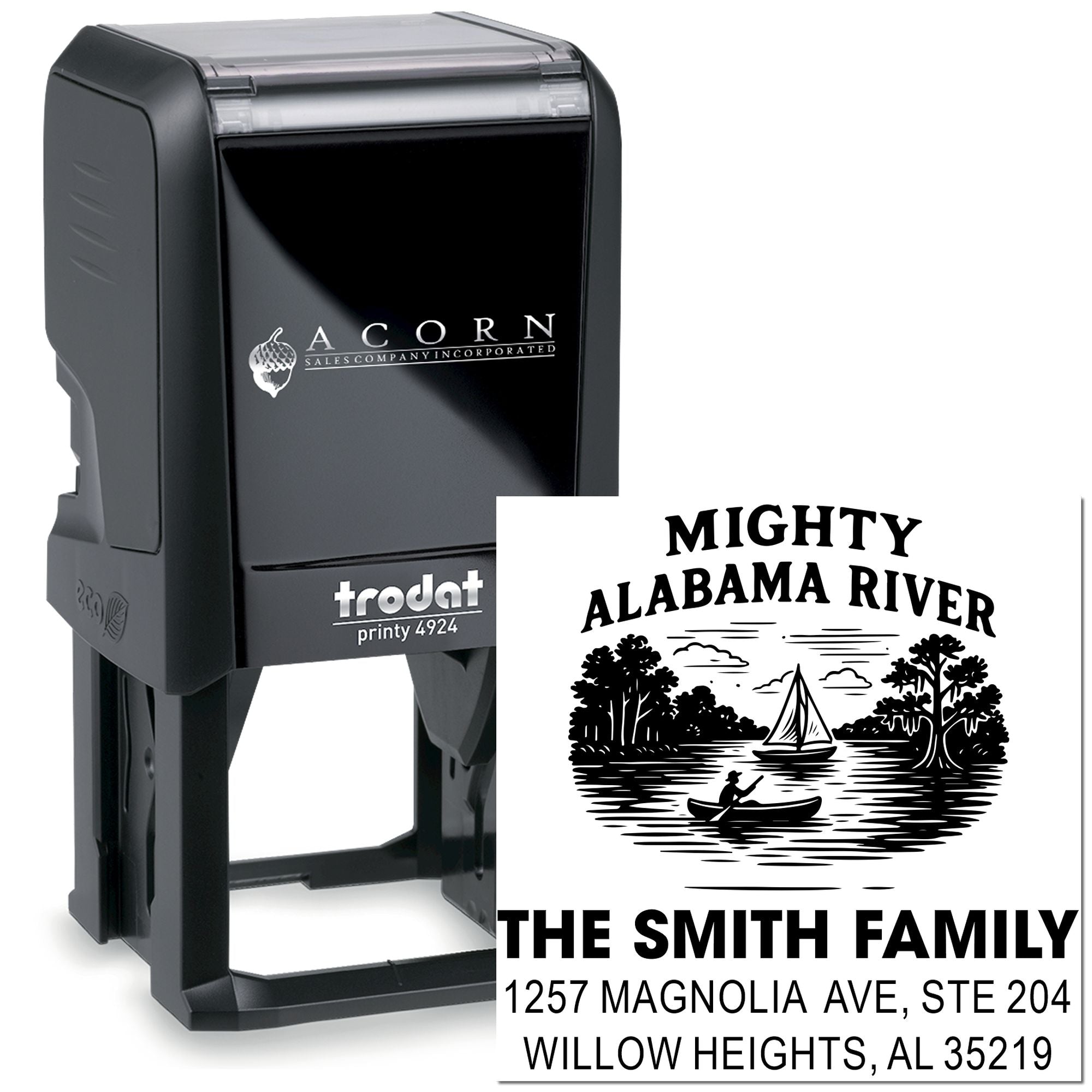 Custom Trodat self-inking rubber stamp with family address design and Mighty Alabama River artwork for personalized mailing.