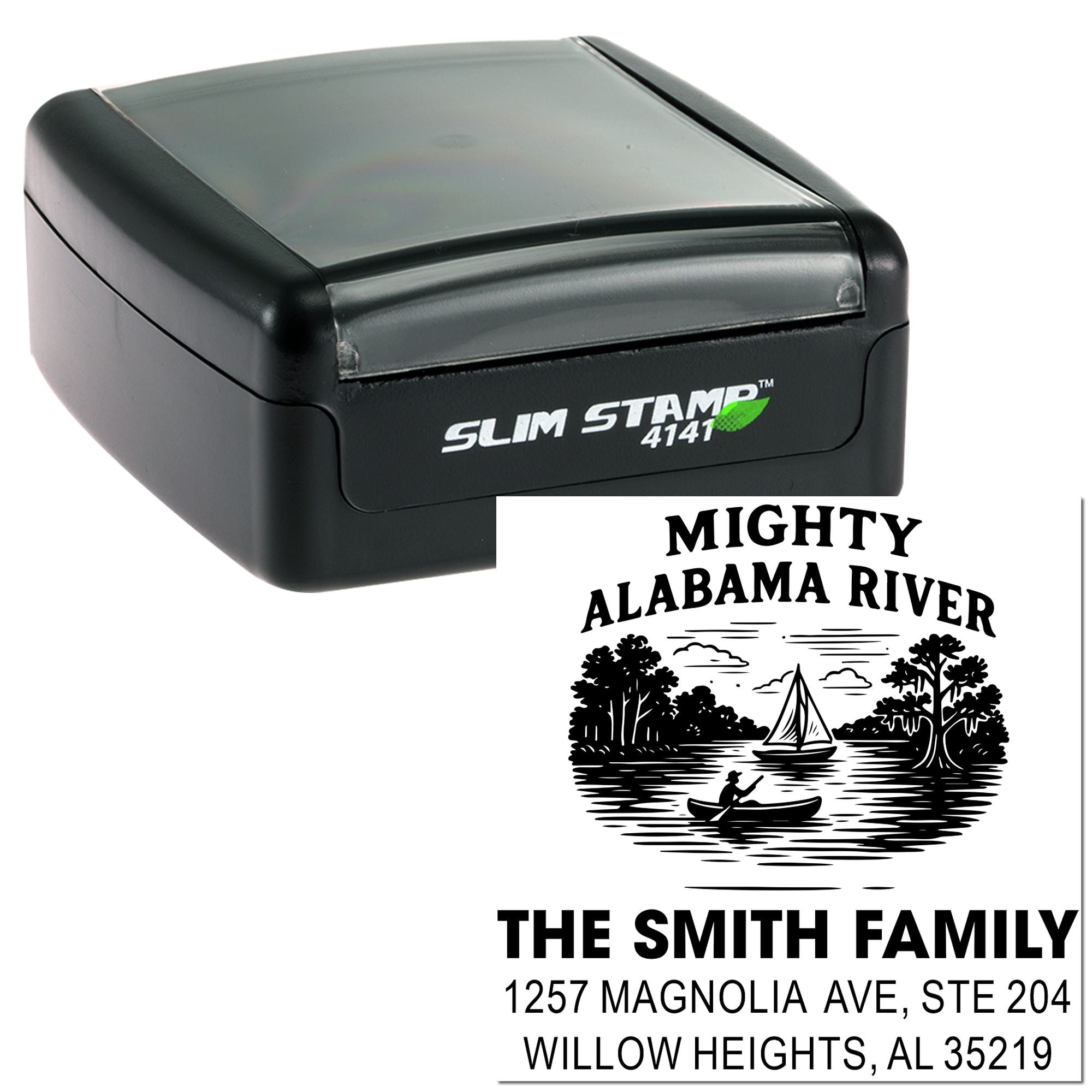 Custom slim self-inking rubber stamp with Mighty Alabama River return address design for The Smith Family.