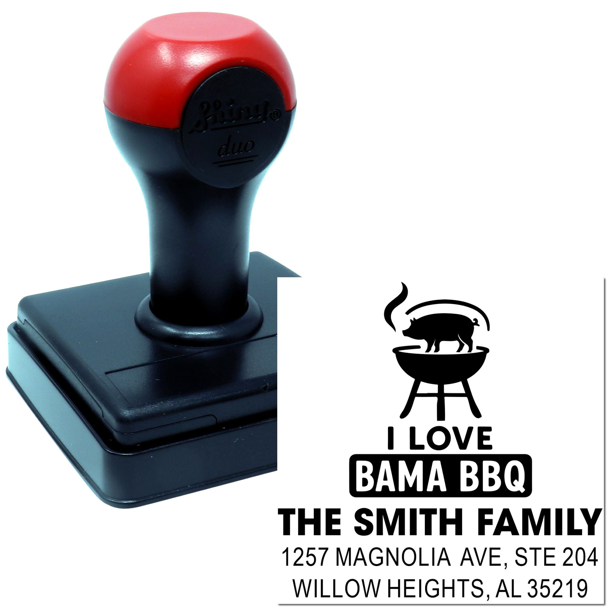 Custom self-inking rubber address stamp with I Love Bama BBQ family name and address for mailing, gifts, and branding.