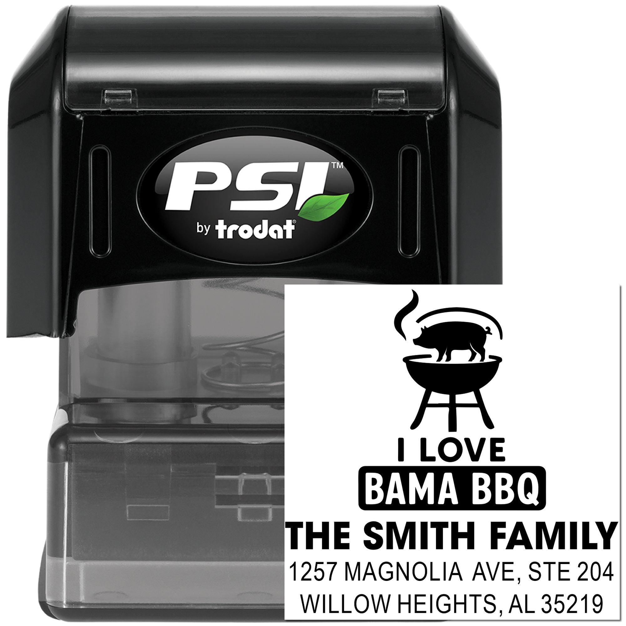 Custom self-inking rubber stamp for Bama BBQ, featuring The Smith Family name, address, and grilling pig logo.