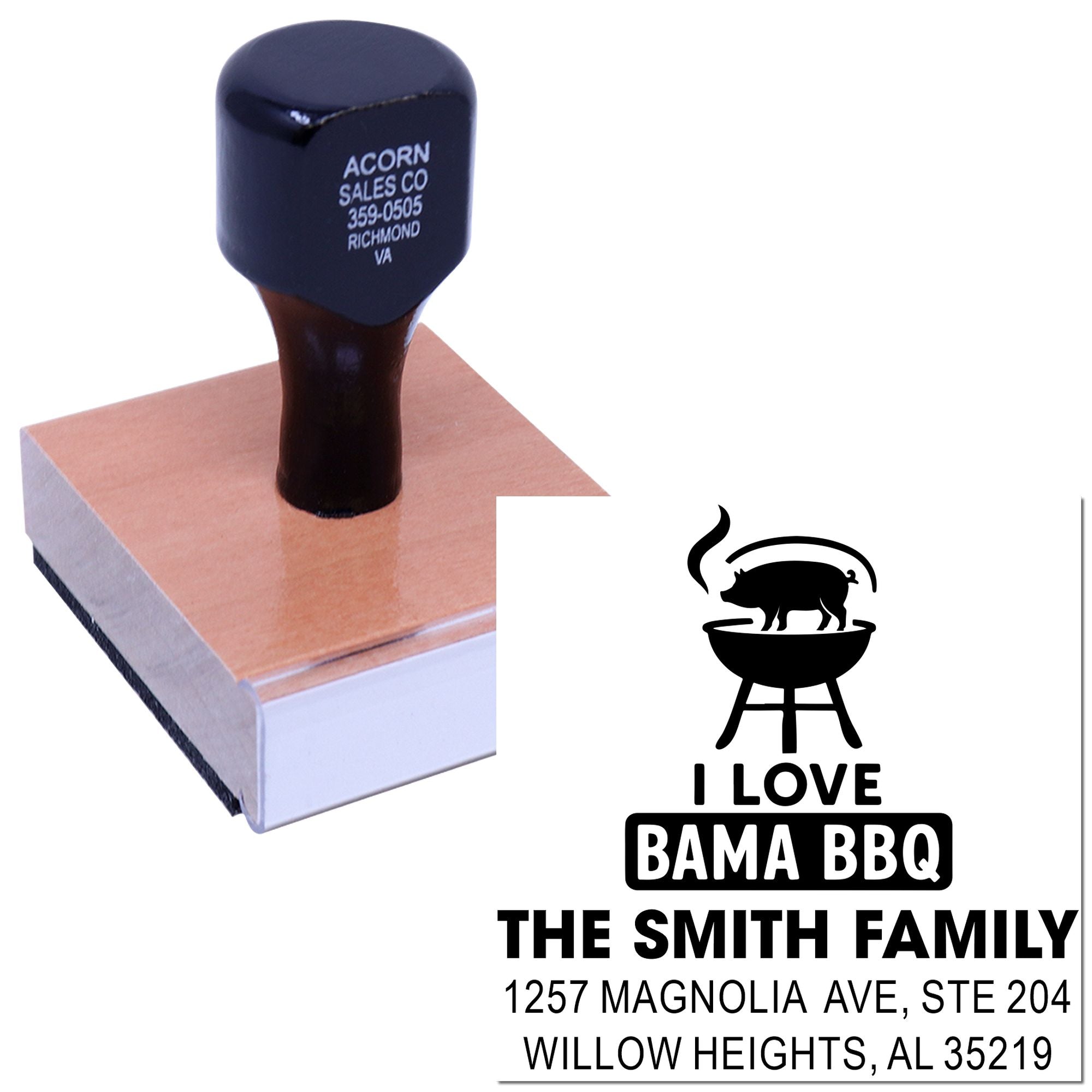 Custom self-inking rubber stamp with I Love Bama BBQ family address design for personalized mail, gifts, and event stamping.