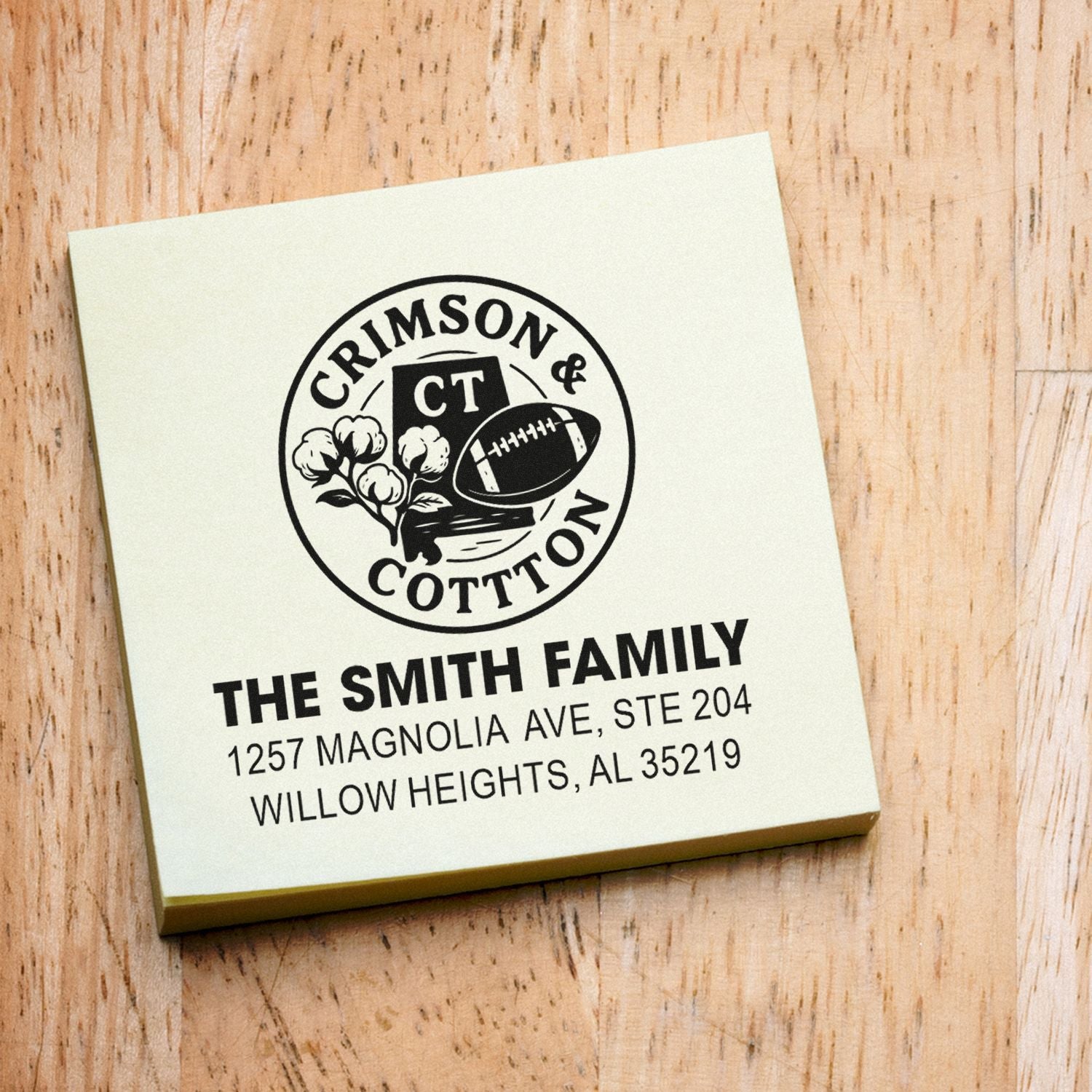 Personalized family return address rubber stamp with Crimson & Cotton logo, football, and cotton for The Smith Family.