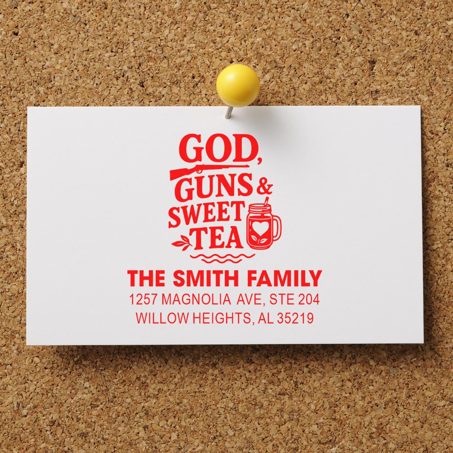 Custom personalized rubber address stamp with God, Guns & Sweet Tea design and family name and address.