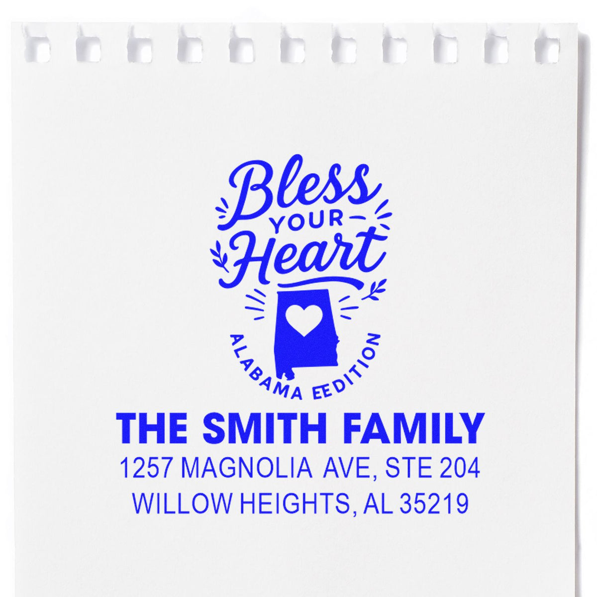 Custom return address rubber stamp with Bless Your Heart Alabama design for The Smith Family, Willow Heights, AL.