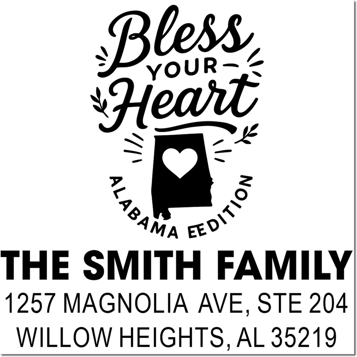 Personalized Alabama return address rubber stamp with Bless Your Heart design for The Smith Family.