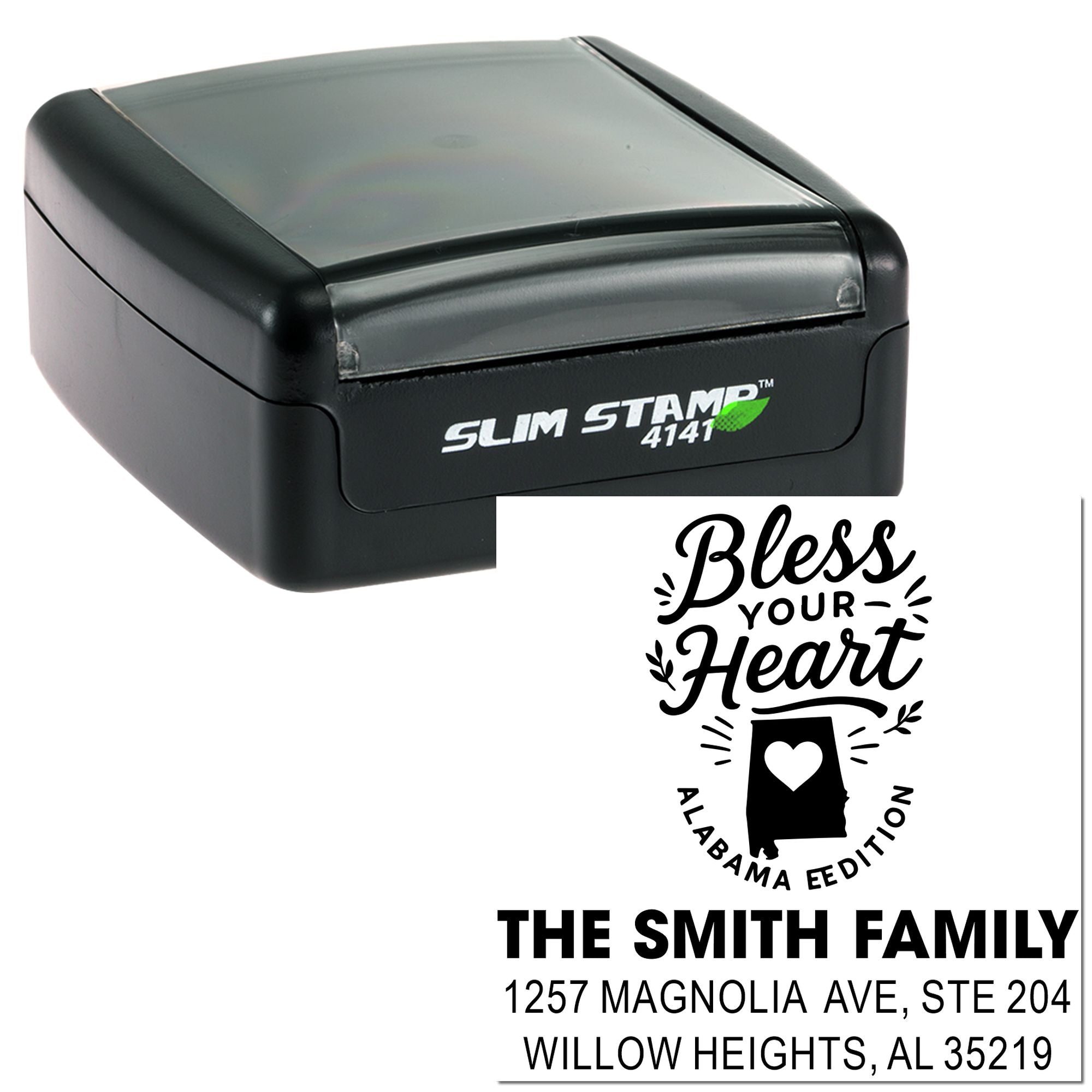 Slim self-inking rubber stamp with custom Alabama family return address and Bless Your Heart design for personalized mailing.