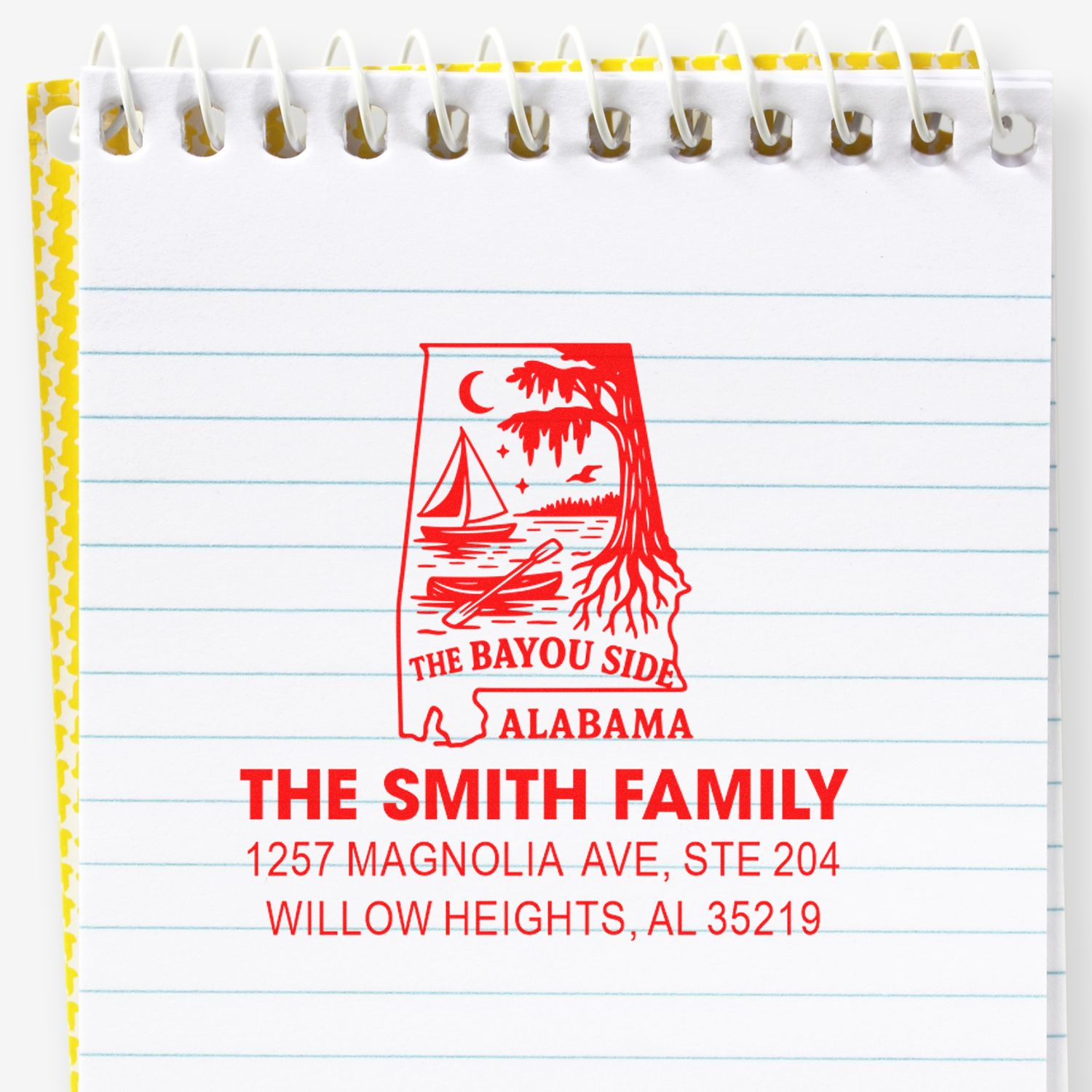 Custom address rubber stamp imprint for The Smith Family, The Bayou Side Alabama, with Alabama mailing address.