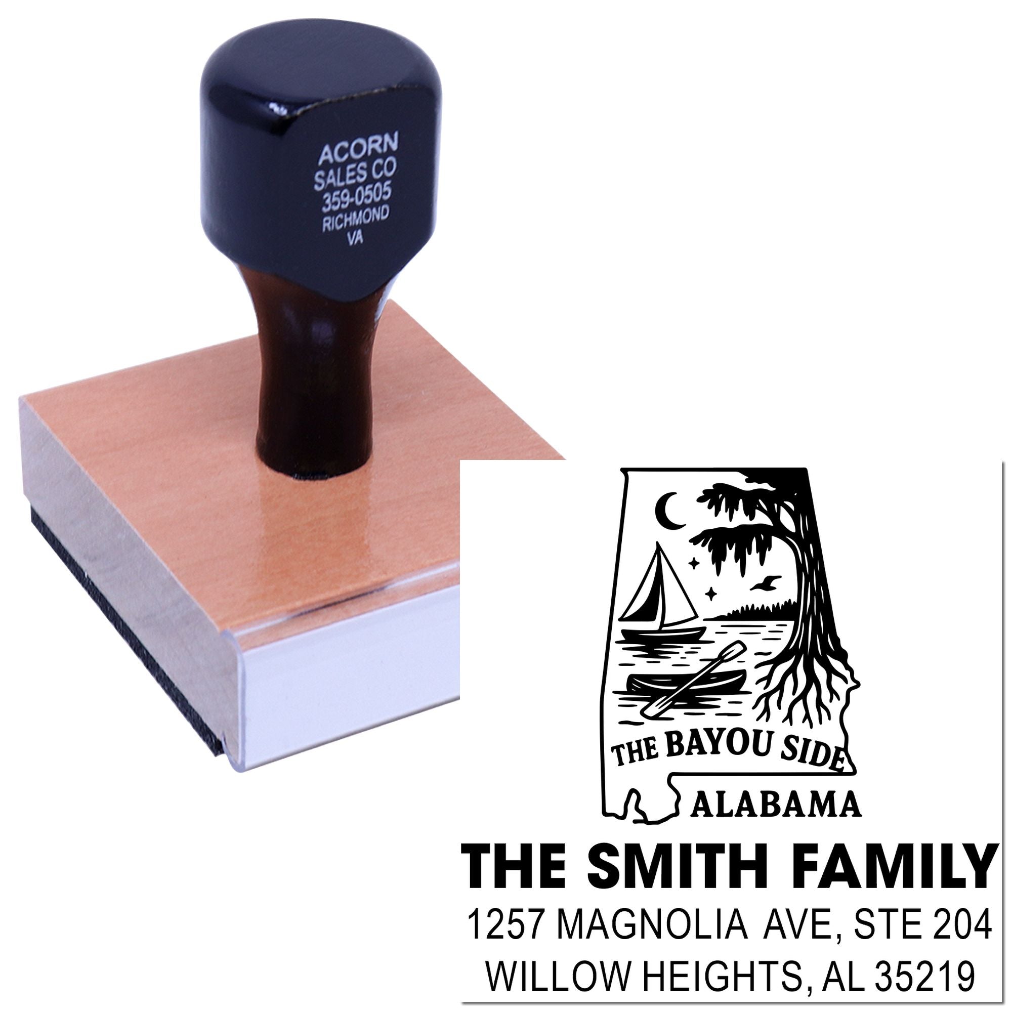 Custom rubber stamp for return addresses, featuring Alabama state design, family name, and mailing address.