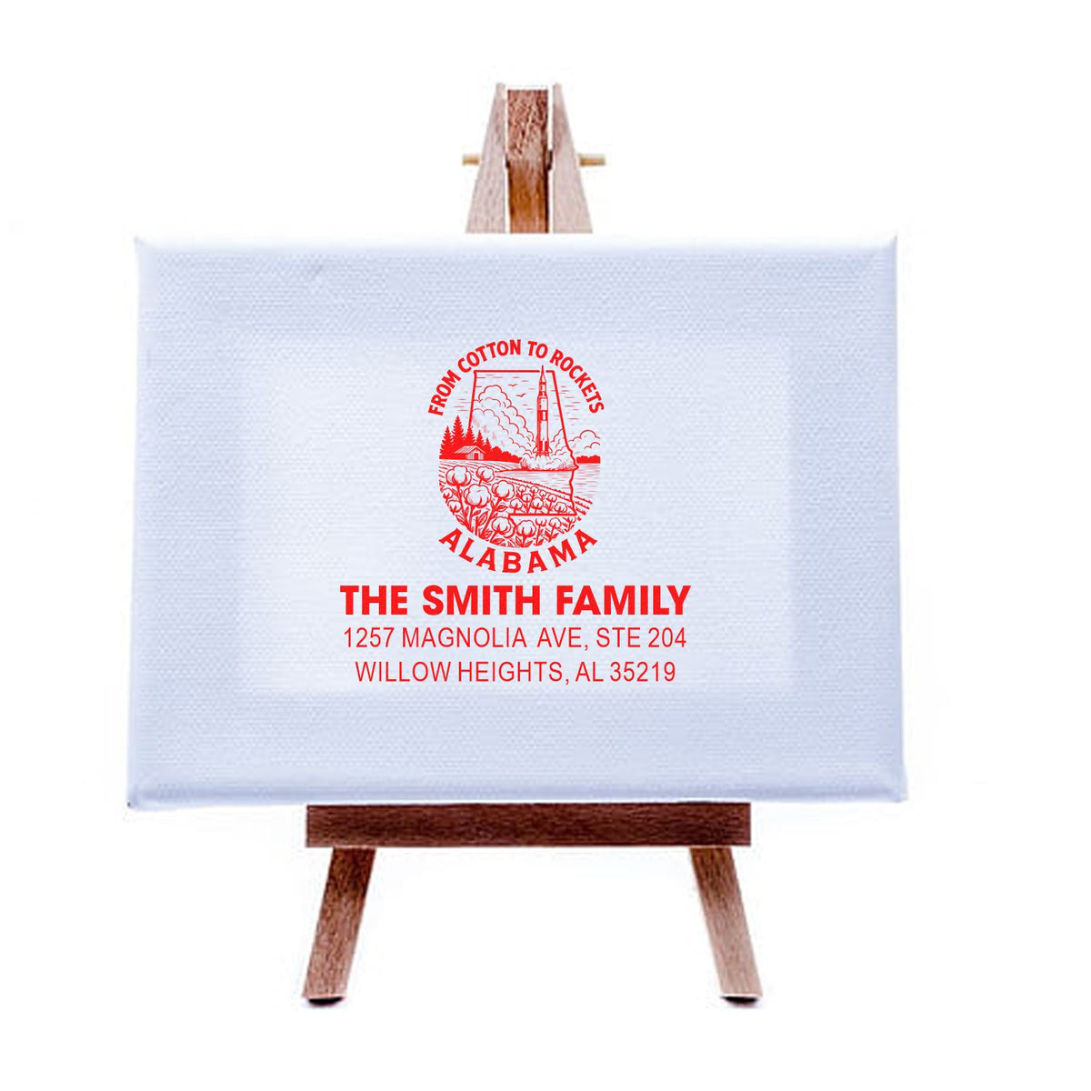 Custom Alabama address rubber stamp with cotton-to-rockets design for personalized family name and mailing imprint.