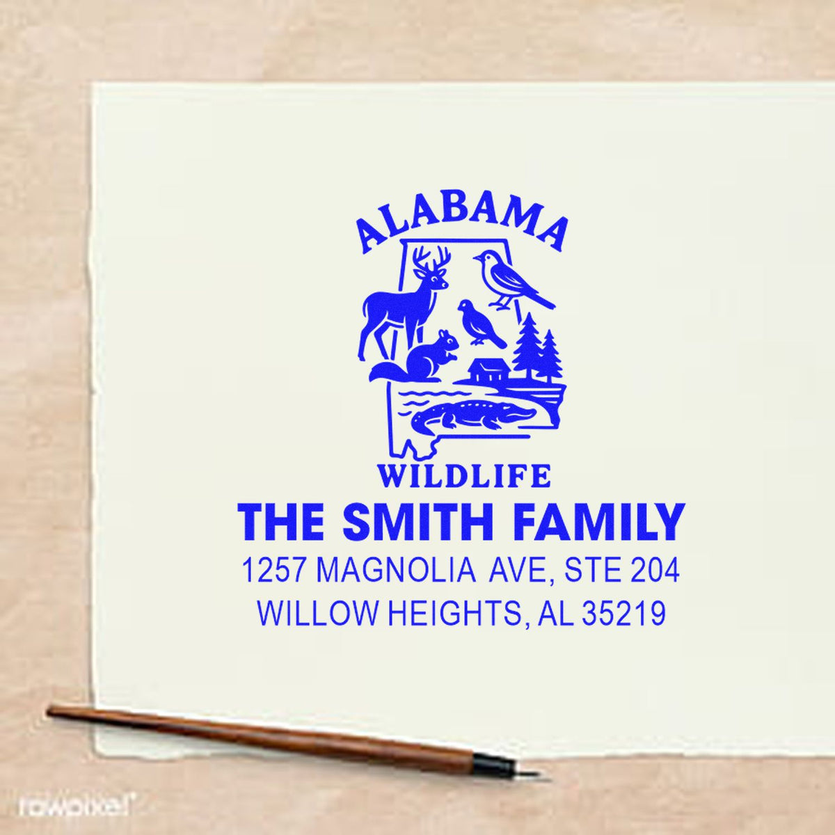 Personalized Alabama wildlife return address rubber stamp with deer, birds, and custom Smith family address.