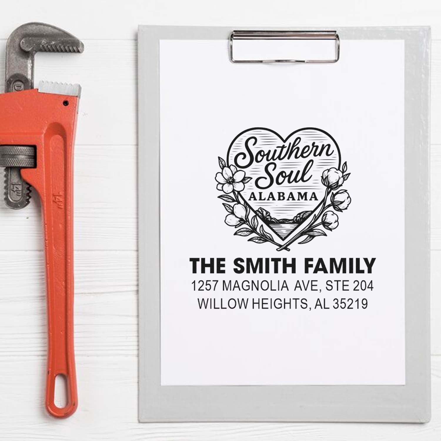 Custom family return address rubber stamp with Southern Soul Alabama floral heart design for The Smith Family.