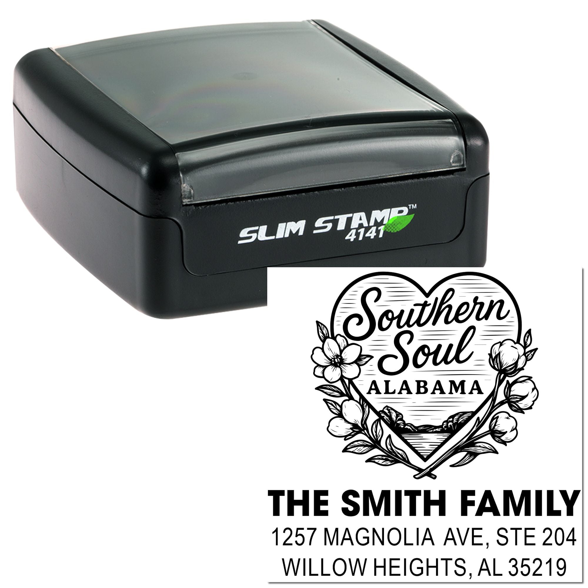 Custom self-inking rubber stamp with Southern Soul Alabama design and Smith family return address, shown in Slim Stamp 4141 case.