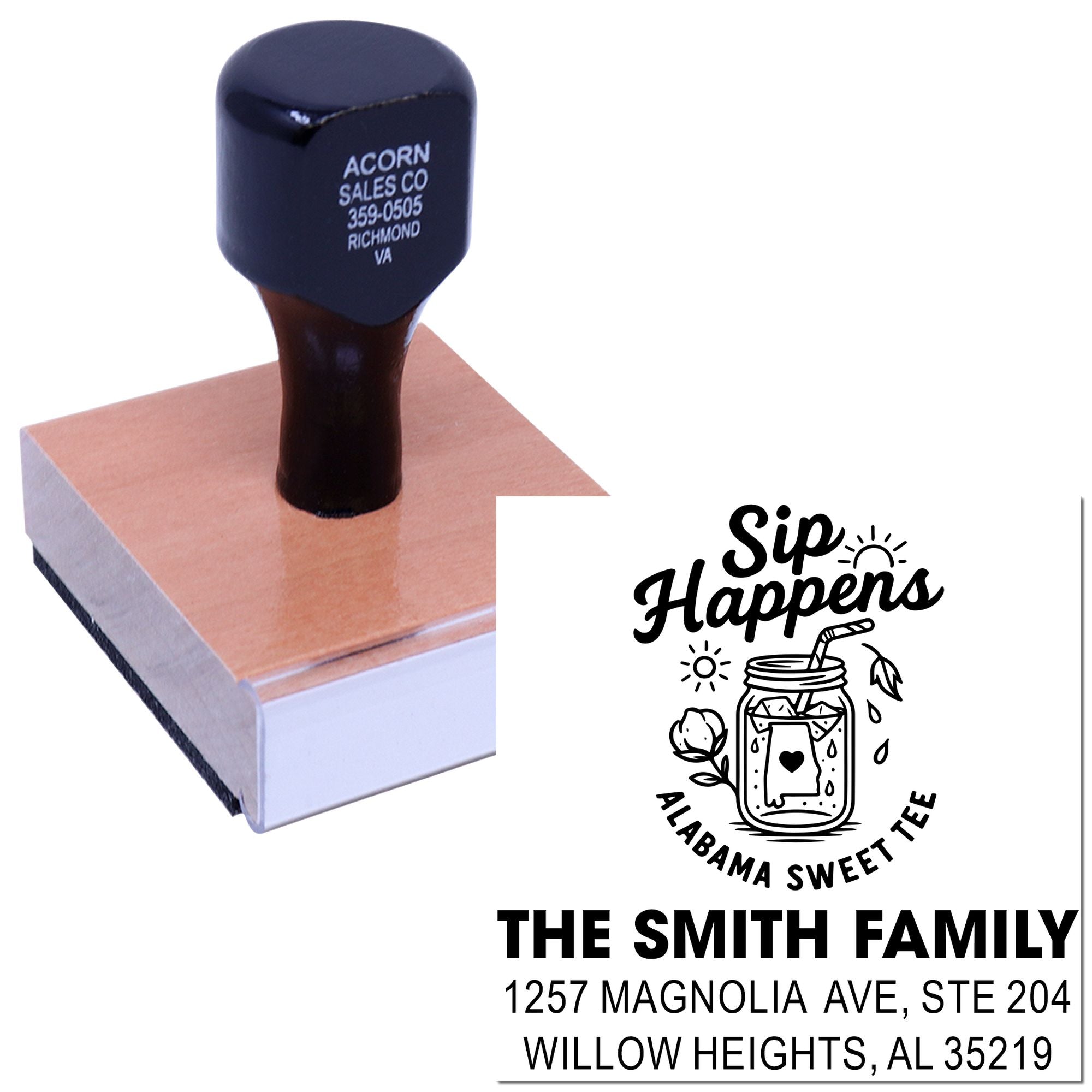 Custom self-inking rubber address stamp with Sip Happens Alabama Sweet Tea design and Smith family imprint.