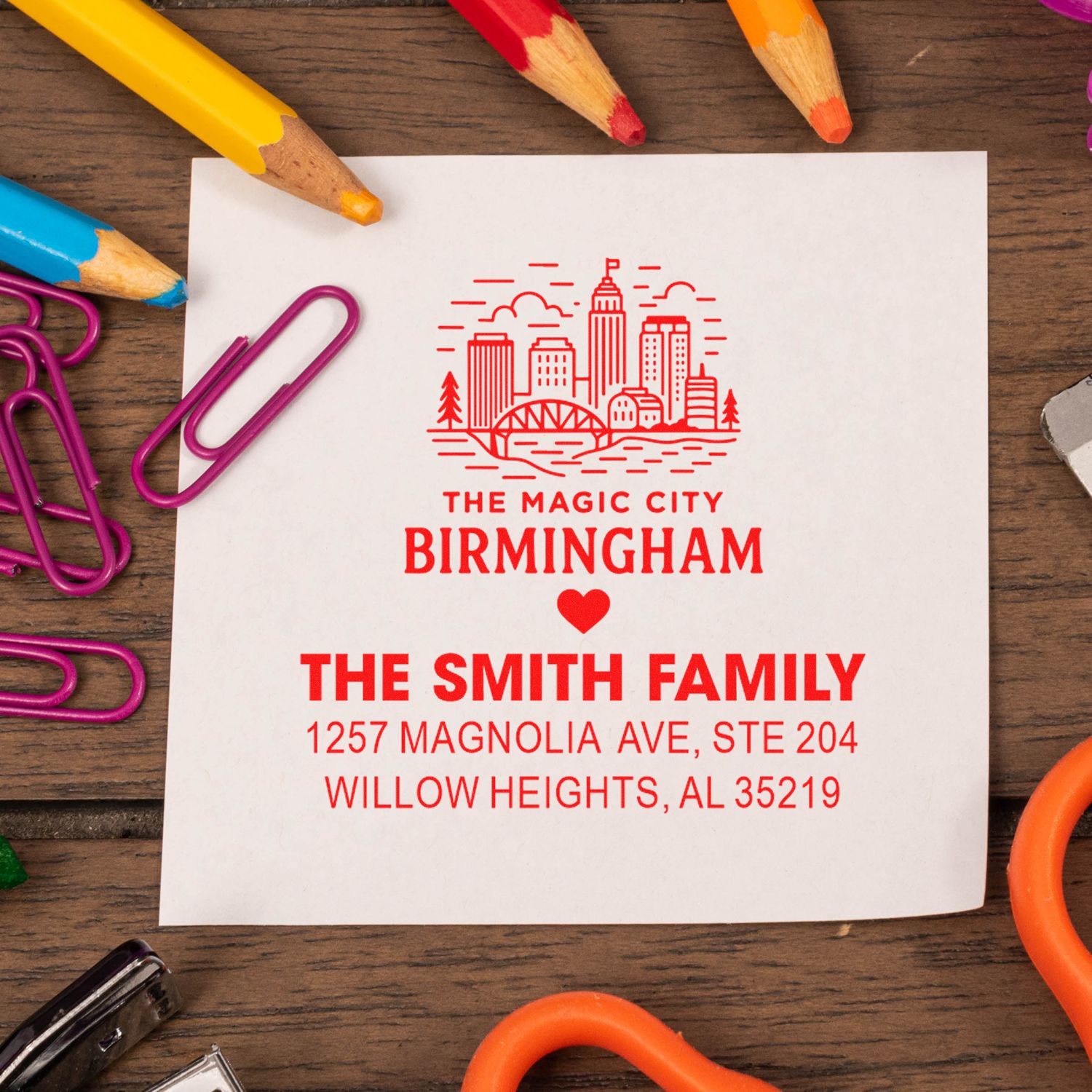 Custom Birmingham return address rubber stamp with skyline design and The Smith Family address for personalized mailings