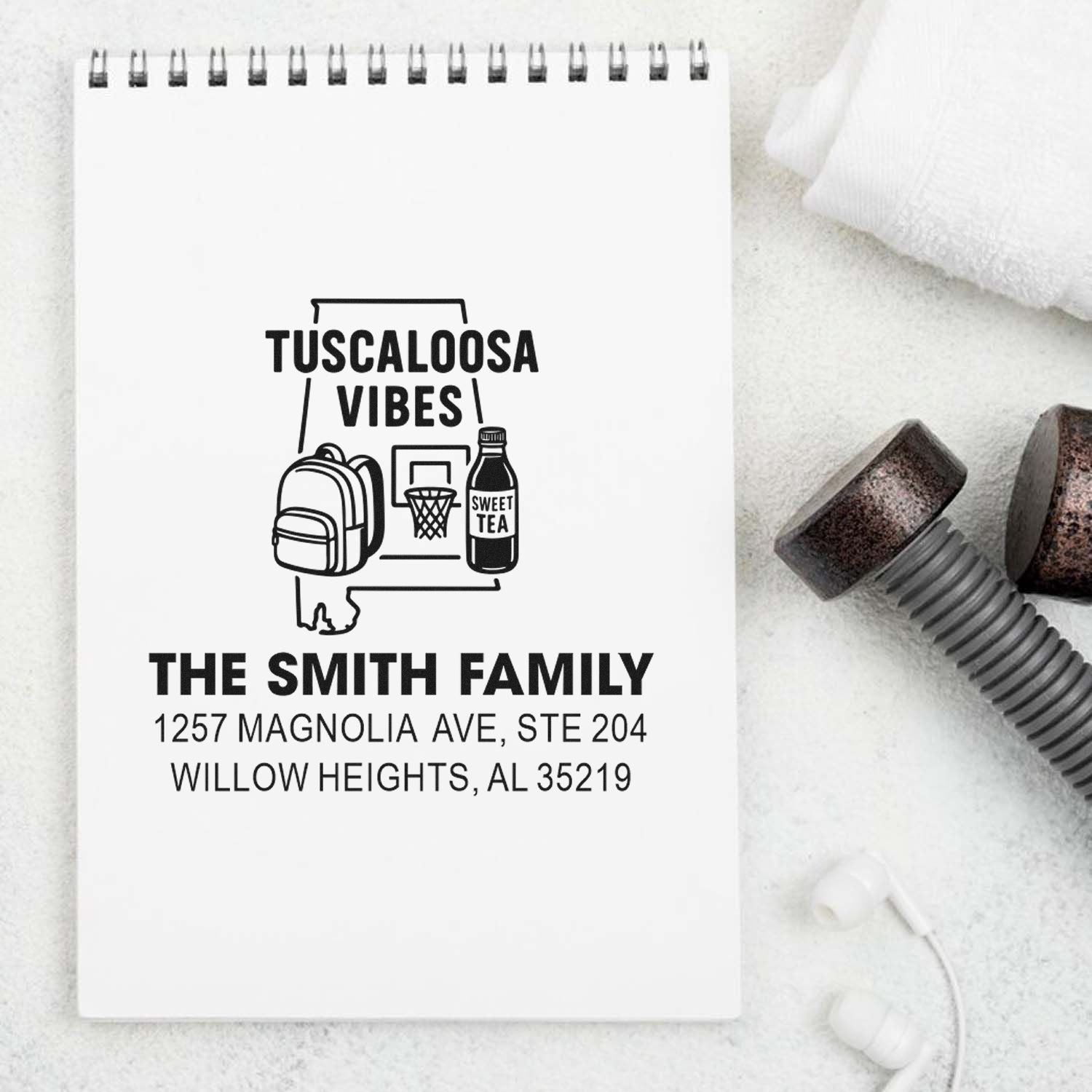 Personalized Tuscaloosa Vibes return address rubber stamp for The Smith Family with backpack, basketball and sweet tea icons.