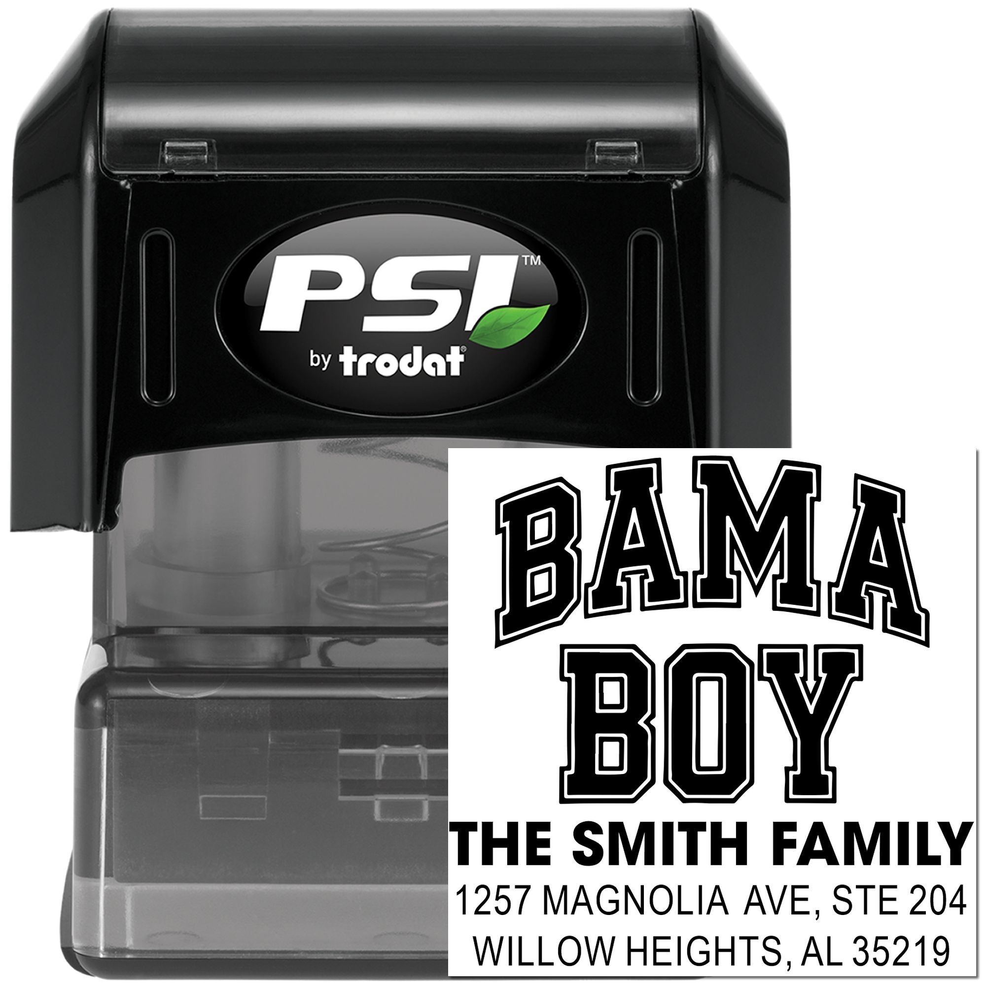 Custom self-inking rubber address stamp by PSI Trodat with BAMA BOY family imprint for mailing envelopes.