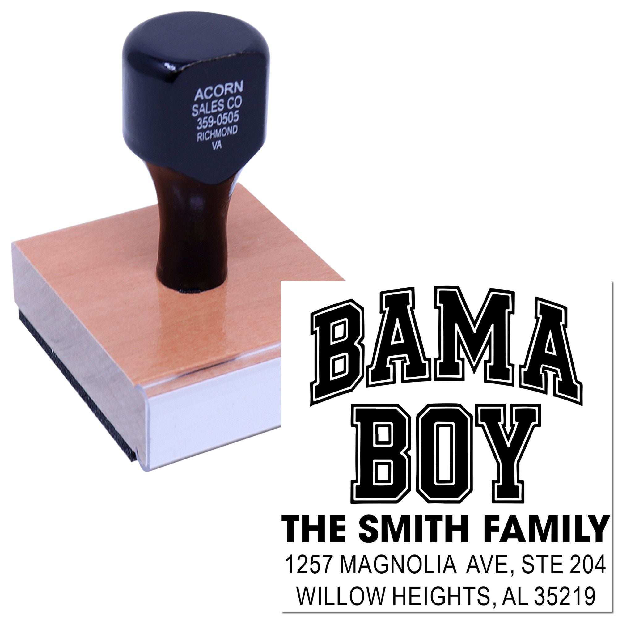 Custom Bama Boy rubber address stamp for The Smith Family with Alabama football design and return address.