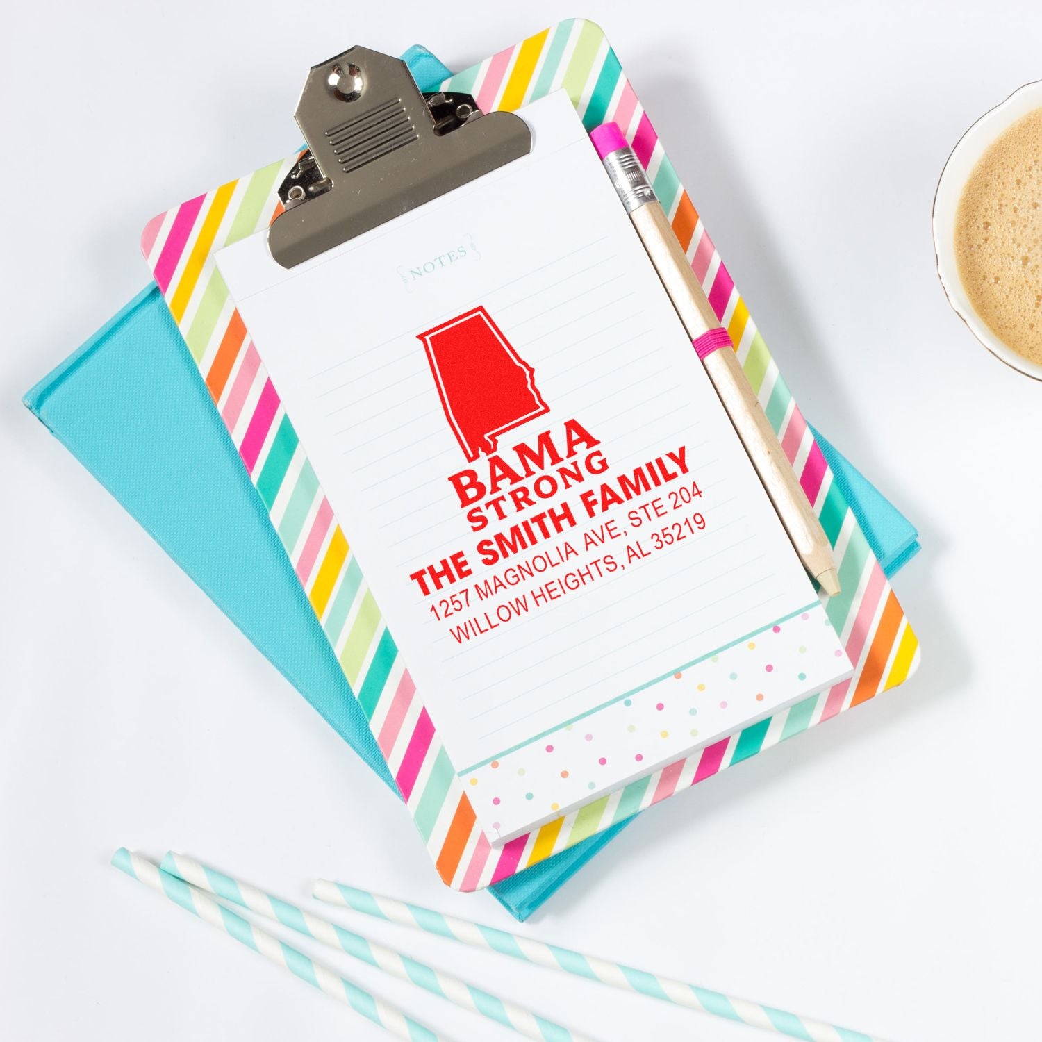 Personalized family address rubber stamp with Alabama silhouette on notepad for custom stationery