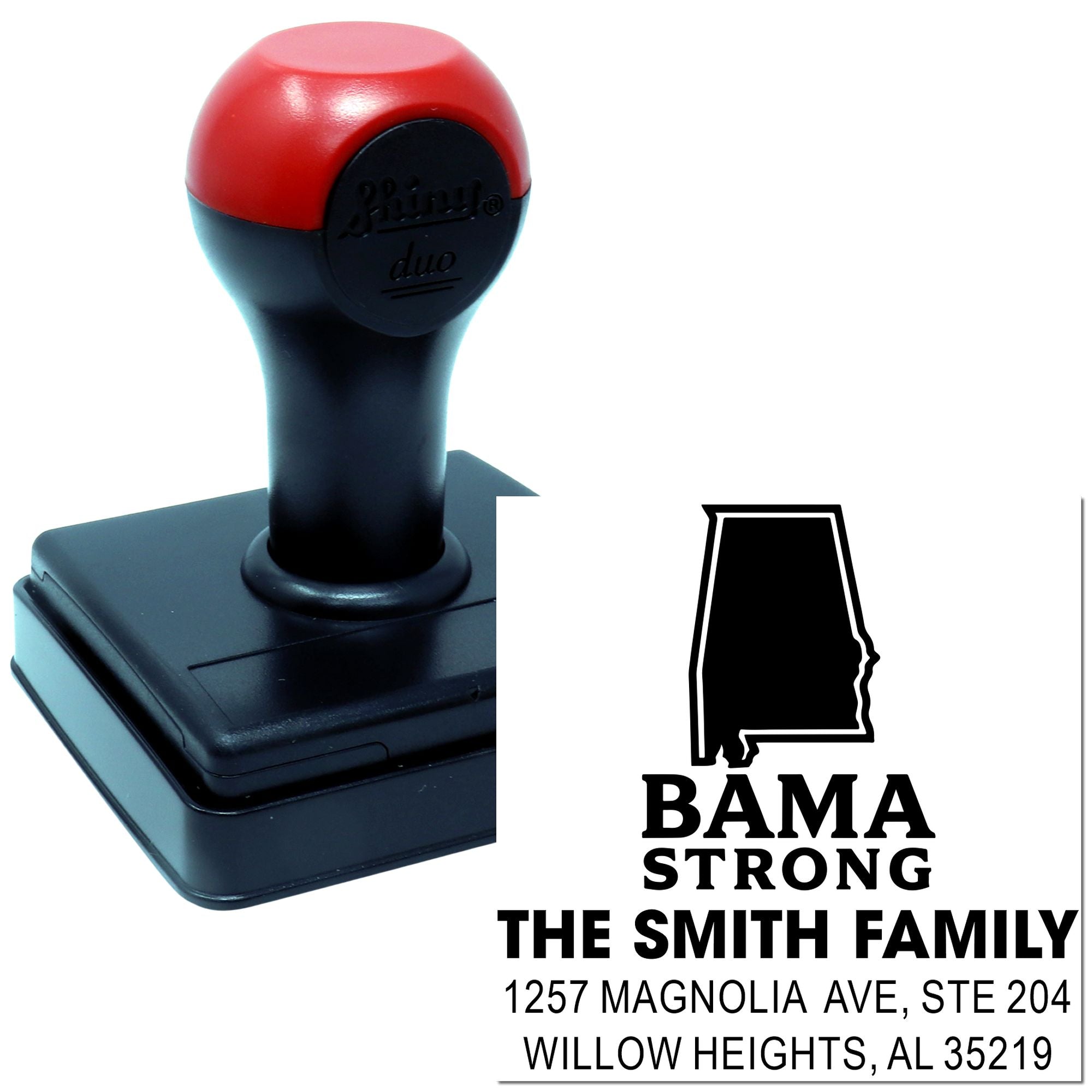 Custom self-inking rubber stamp with Alabama Strong family address design, showing The Smith Family imprint.