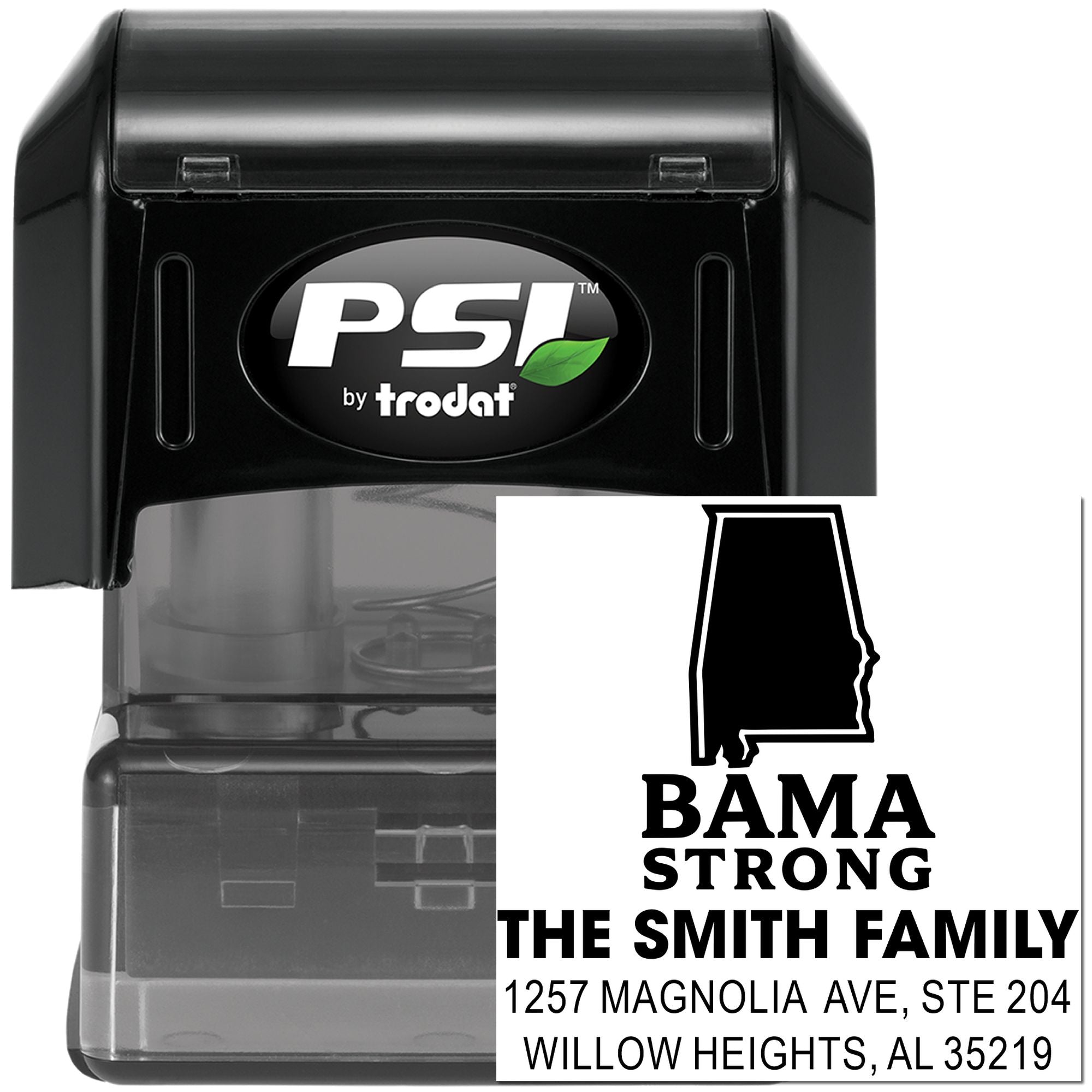 Personalized PSI by Trodat self-inking address stamp with Alabama design for custom family mailing and return addresses.