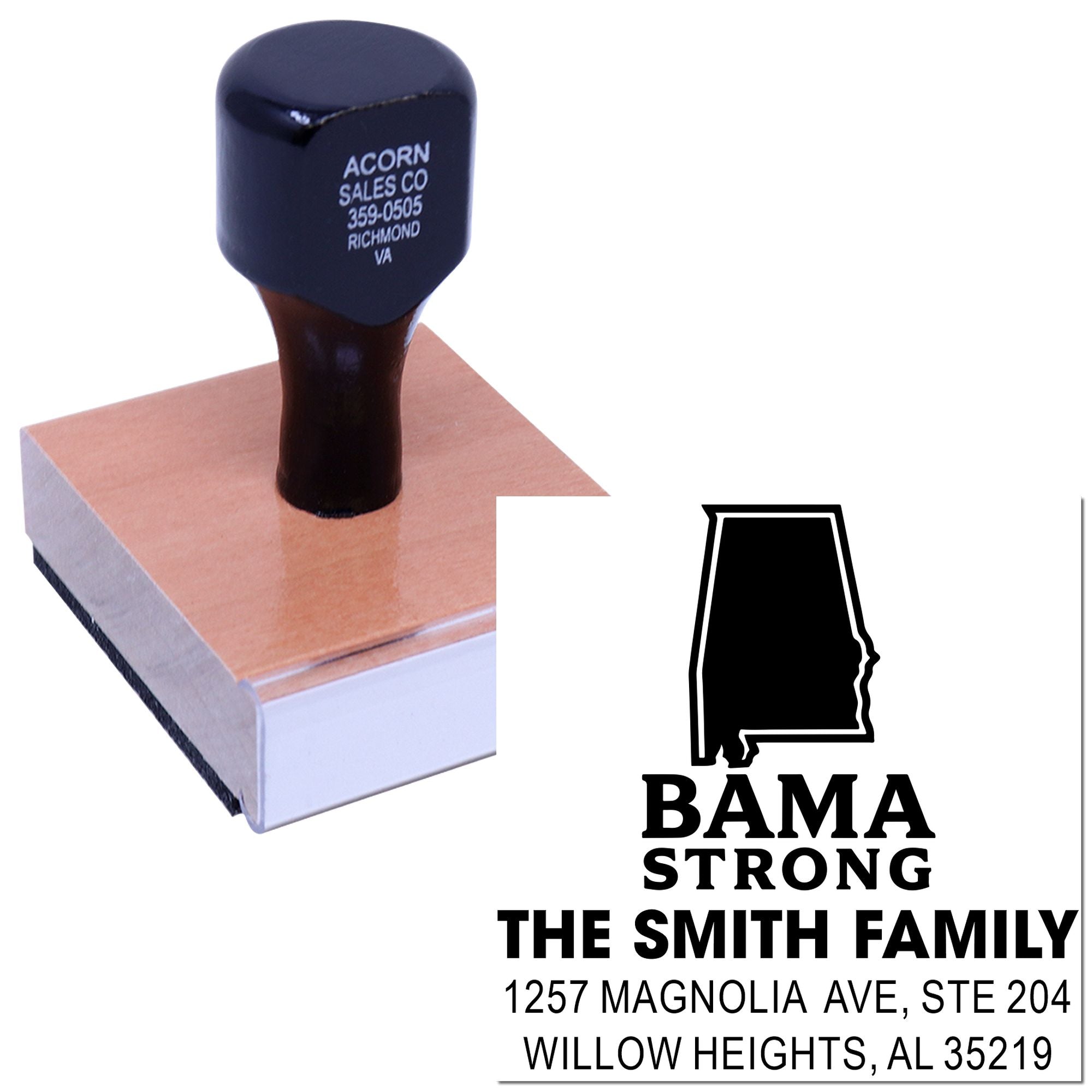 Custom self-inking rubber stamp with Alabama Bama Strong family return address imprint.