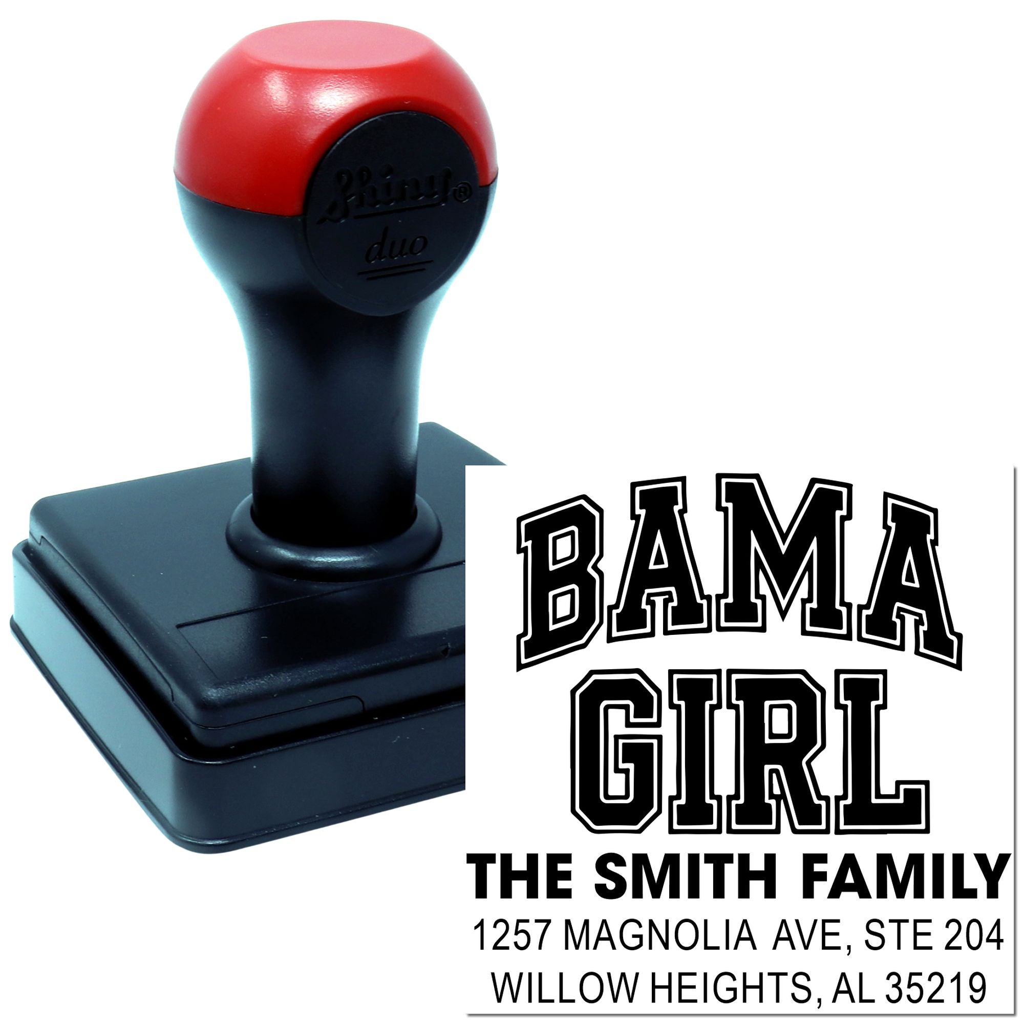 Personalized self-inking rubber address stamp with BAMA GIRL design for The Smith Family mailing and return labels
