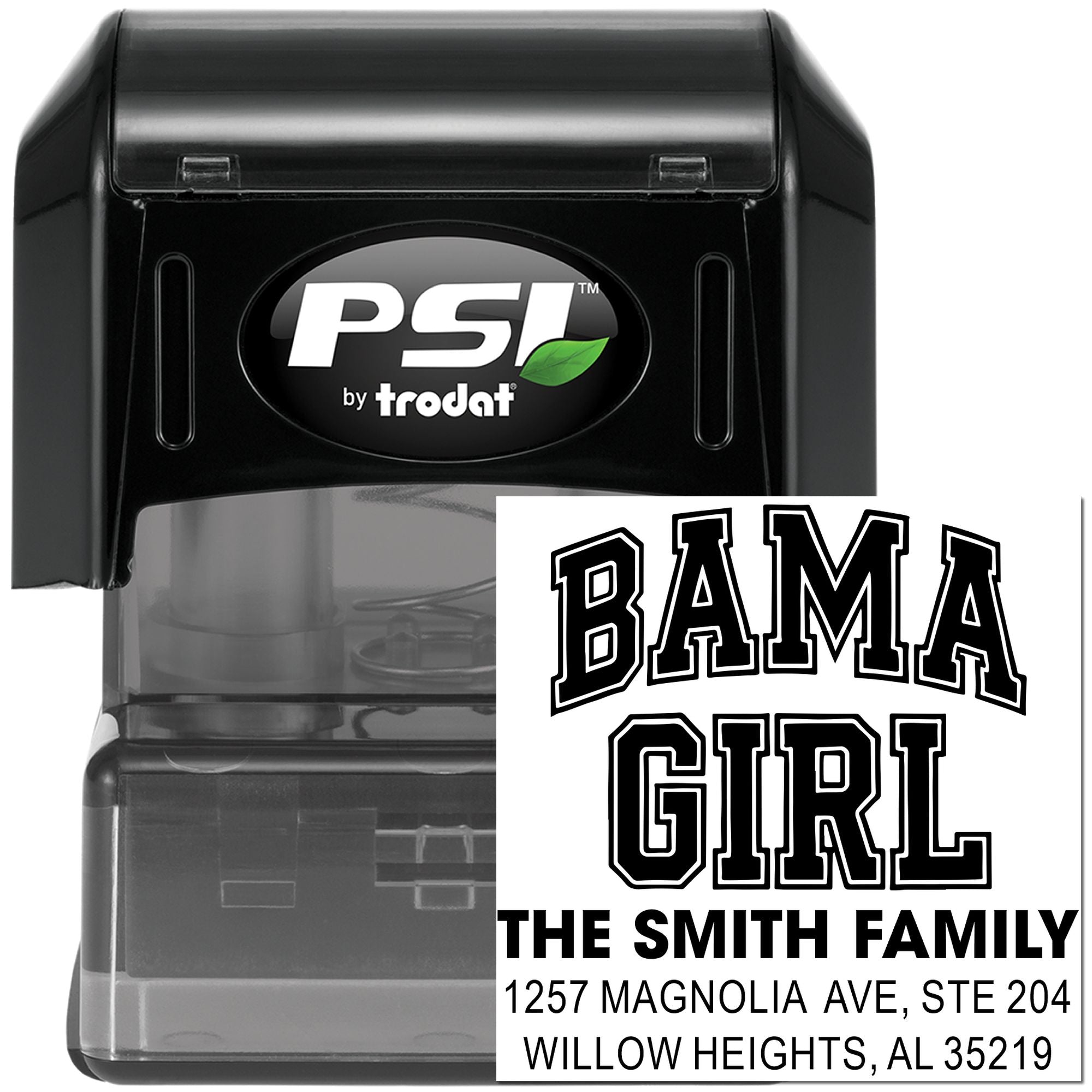 PSI by Trodat custom self-inking return address rubber stamp for BAMA GIRL with family name and address.