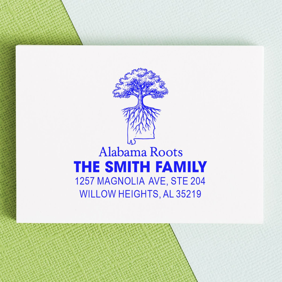 Personalized family return address rubber stamp with Alabama Roots tree design for The Smith Family.