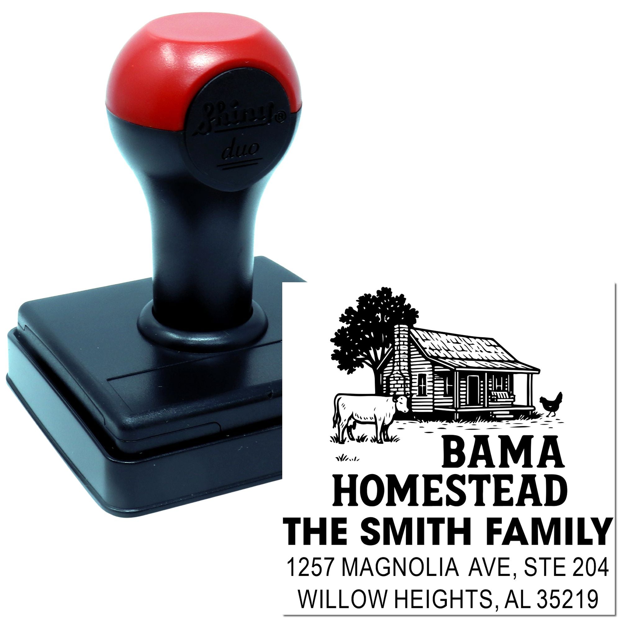 Custom self-inking rubber address stamp with farmhouse homestead design for The Smith Family in Willow Heights, AL.