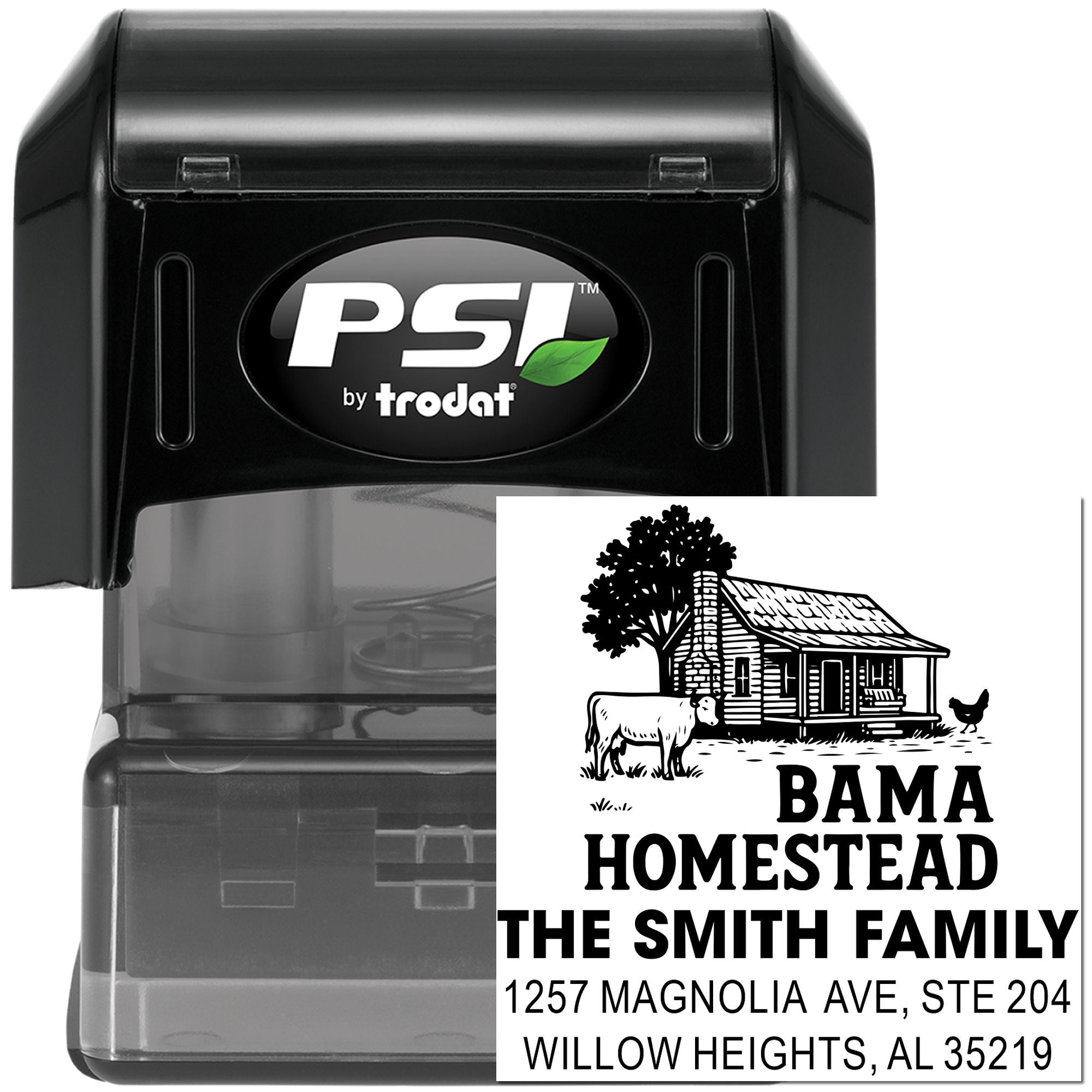 Self-inking custom homestead address stamp with farmhouse design for personalized family mail and farm use.
