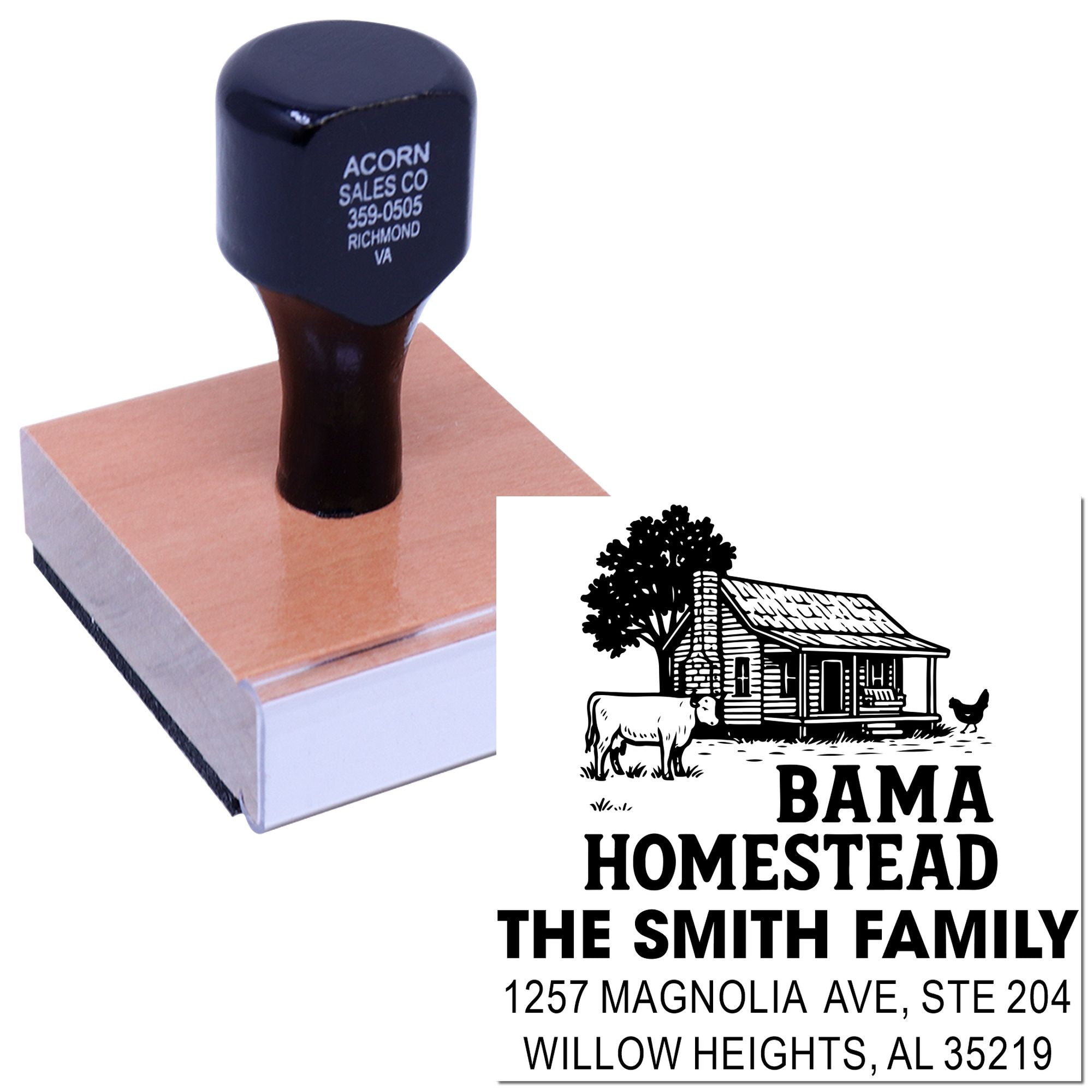 Custom farmhouse address rubber stamp with homestead logo, family name, and return address for mailing labels.