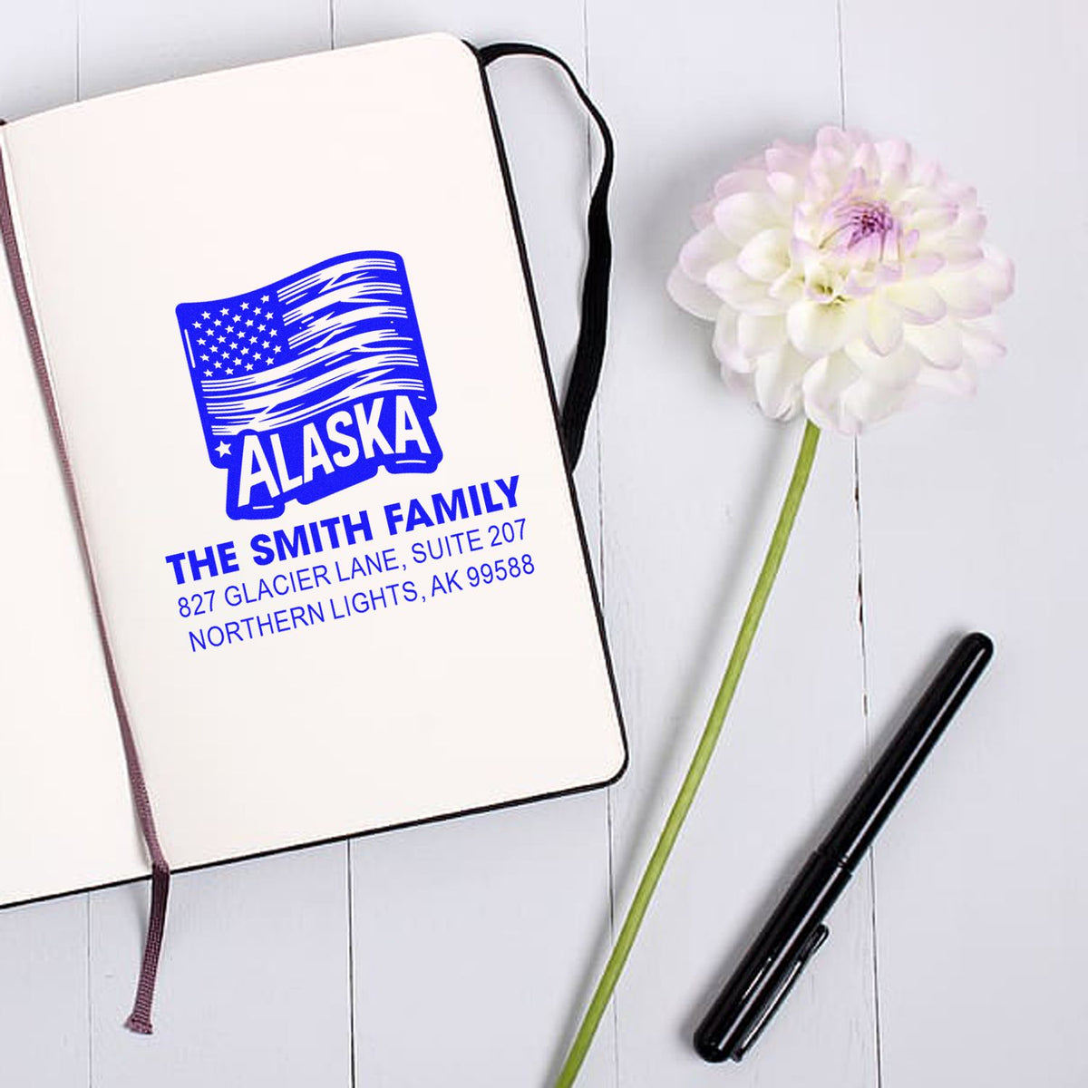 Personalized Alaska rubber address stamp with The Smith Family name and custom return address.