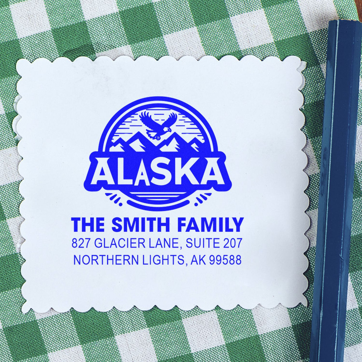 Personalized Alaska return address rubber stamp for The Smith Family with mountain and eagle logo