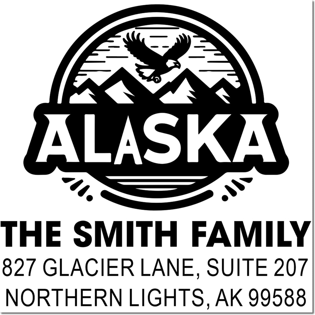Custom Alaska return address rubber stamp with eagle and mountain design for The Smith Family, Northern Lights, AK 99588