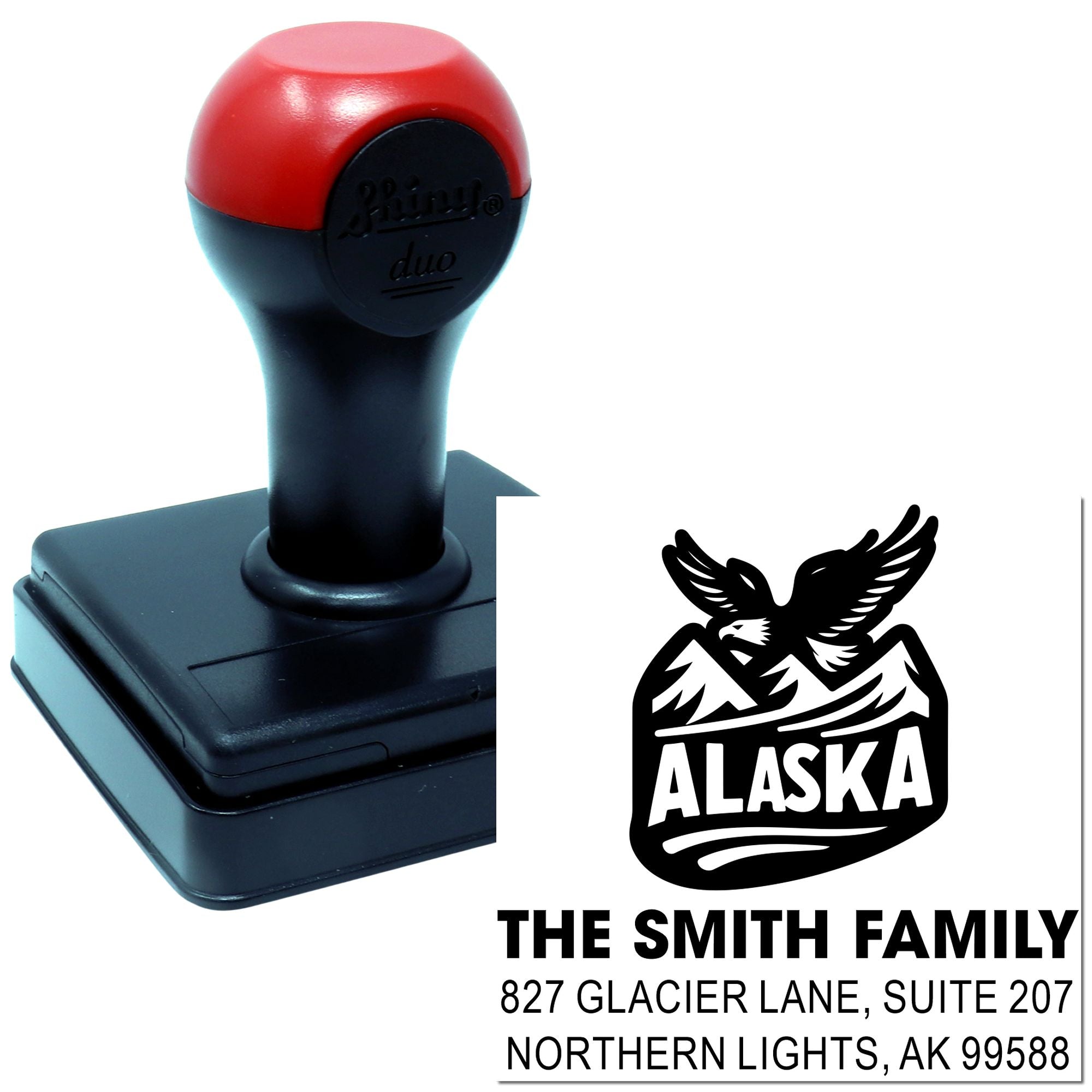 Alaska Eagle Emblem Personalized Three-Line Rubber Stamp with 1-5/8" Square Wood Handle