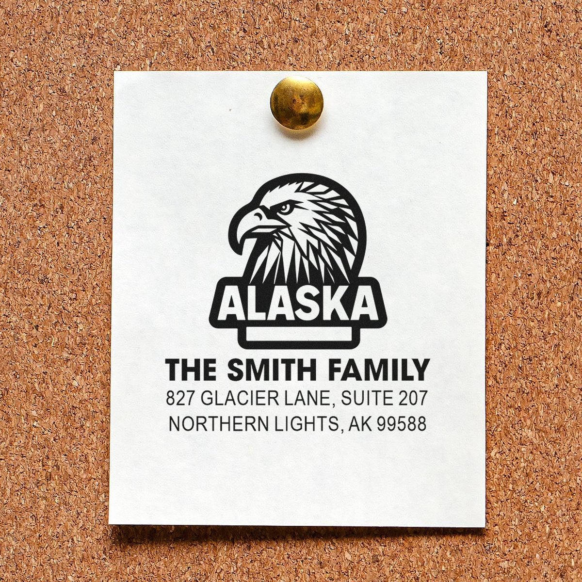 Custom Alaska address rubber stamp with eagle logo for The Smith Family, featuring name and mailing address