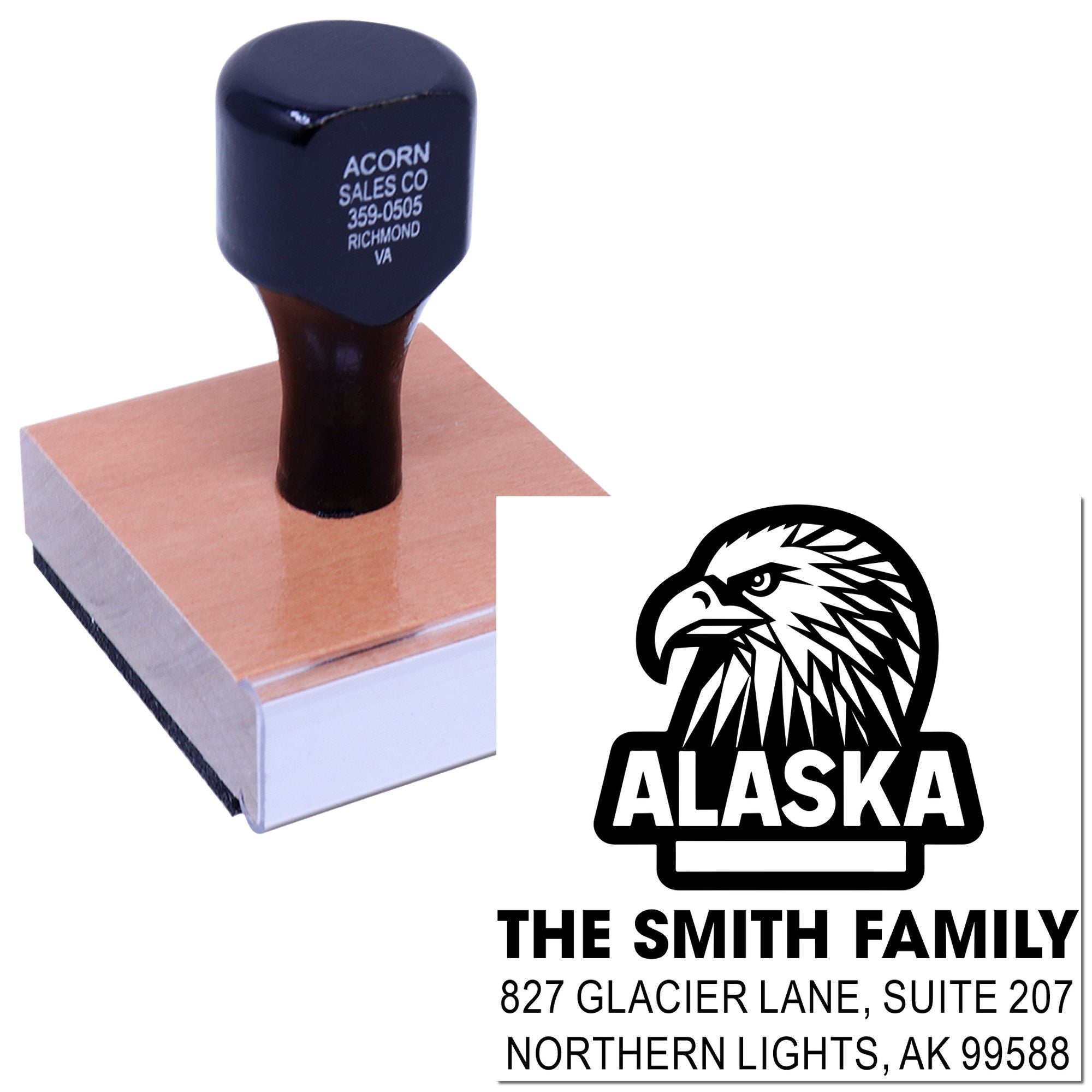 Custom Alaska rubber address stamp with eagle logo and Smith family return address for mailing and packaging