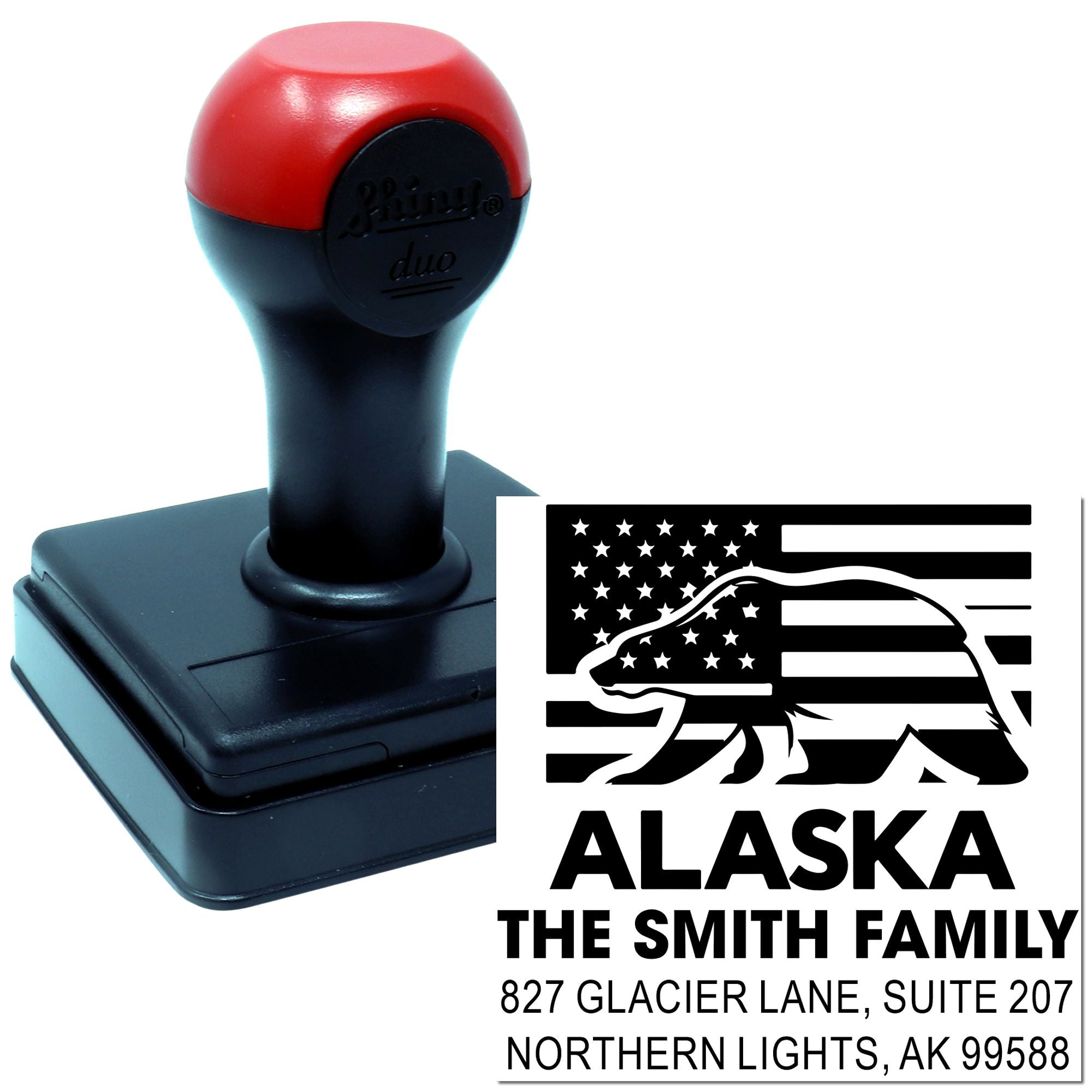 Custom Alaska self-inking address stamp with bear flag design for The Smith Family