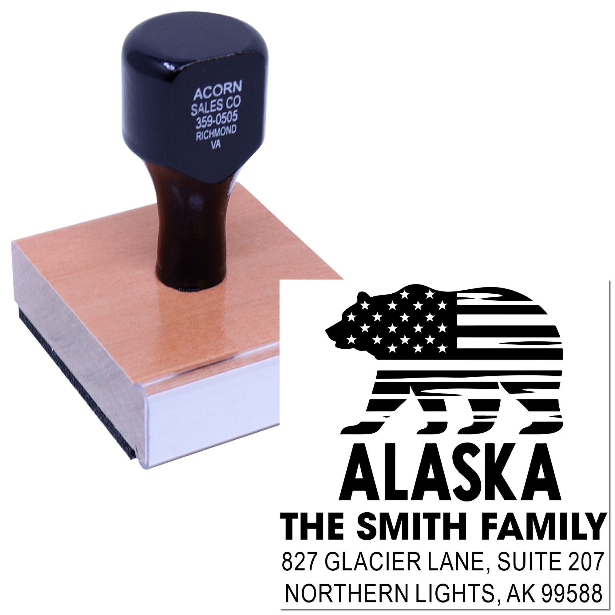 Self-inking custom address rubber stamp for The Smith Family in Northern Lights, Alaska, with bear flag design.