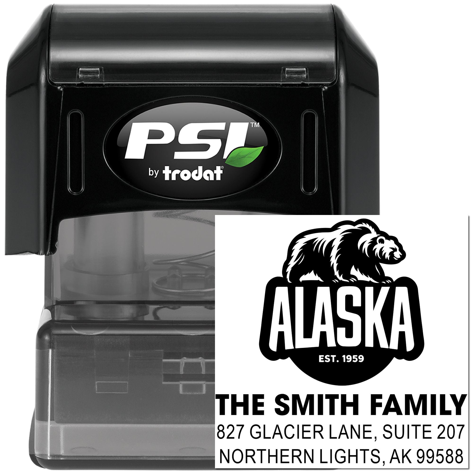 Alaska Bear Emblem 3-Line Pre-Inked Rubber Stamp with Square