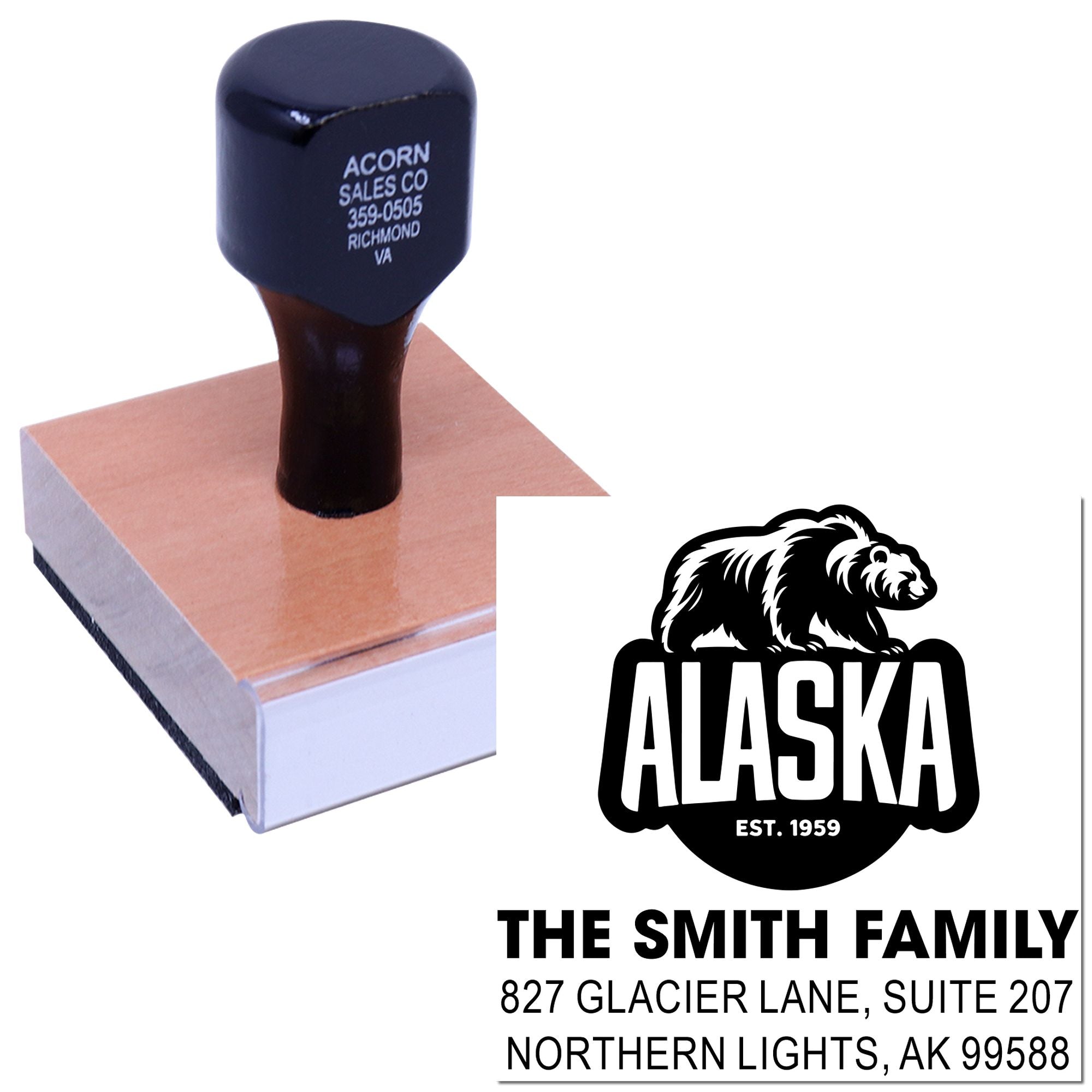Custom Alaska address rubber stamp with bear logo, Smith family return address, and self-inking stamp design.